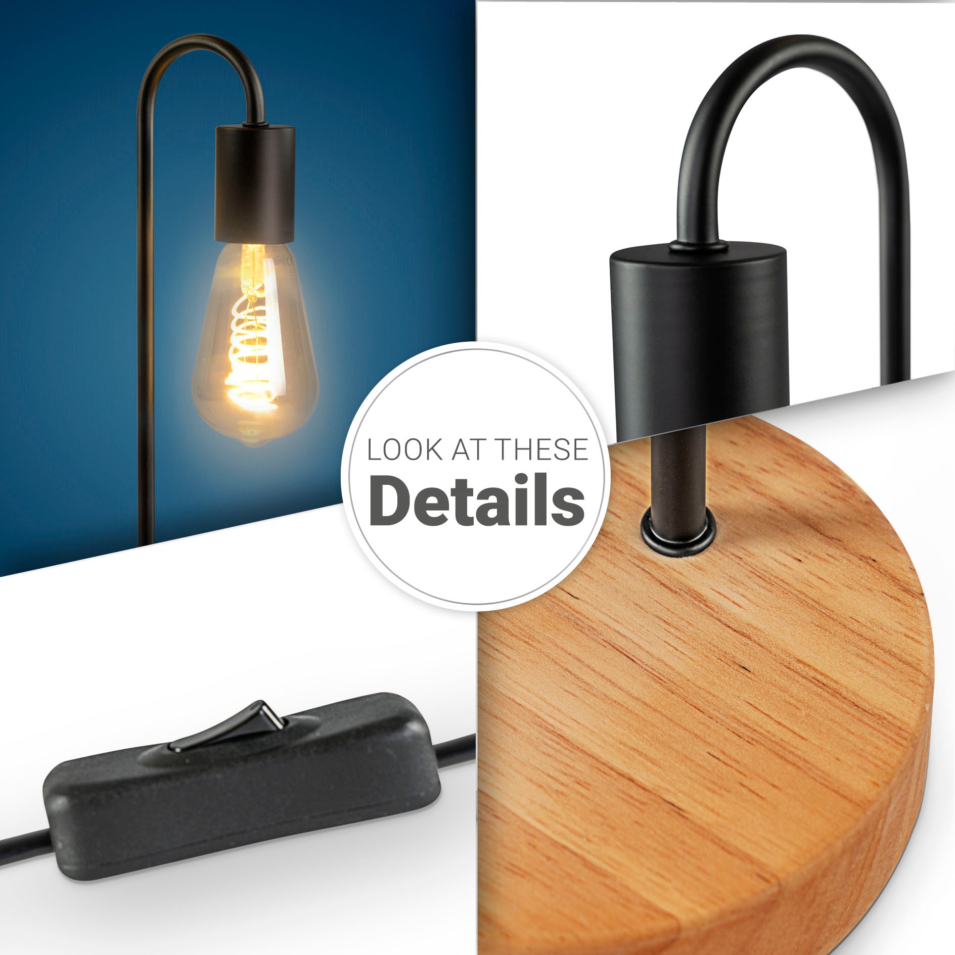 Paco Home Tischleuchte »WALTER«, Leuchtmittel E27 | ohne Leuchtmittel, Nacht Schreib Holz Fuß Höhe 40,5cm Ø12,6cm E27