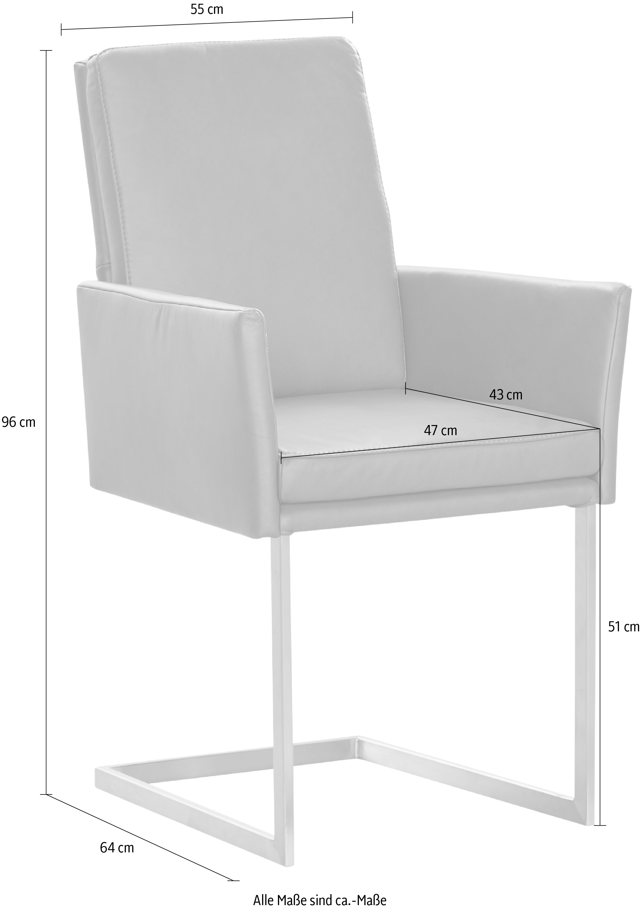 K+W Komfort & Wohnen Armlehnstuhl, Leder CLOUD, stabiles Hochkantrohr, Untergestell in Edelstahloptik oder schwarz