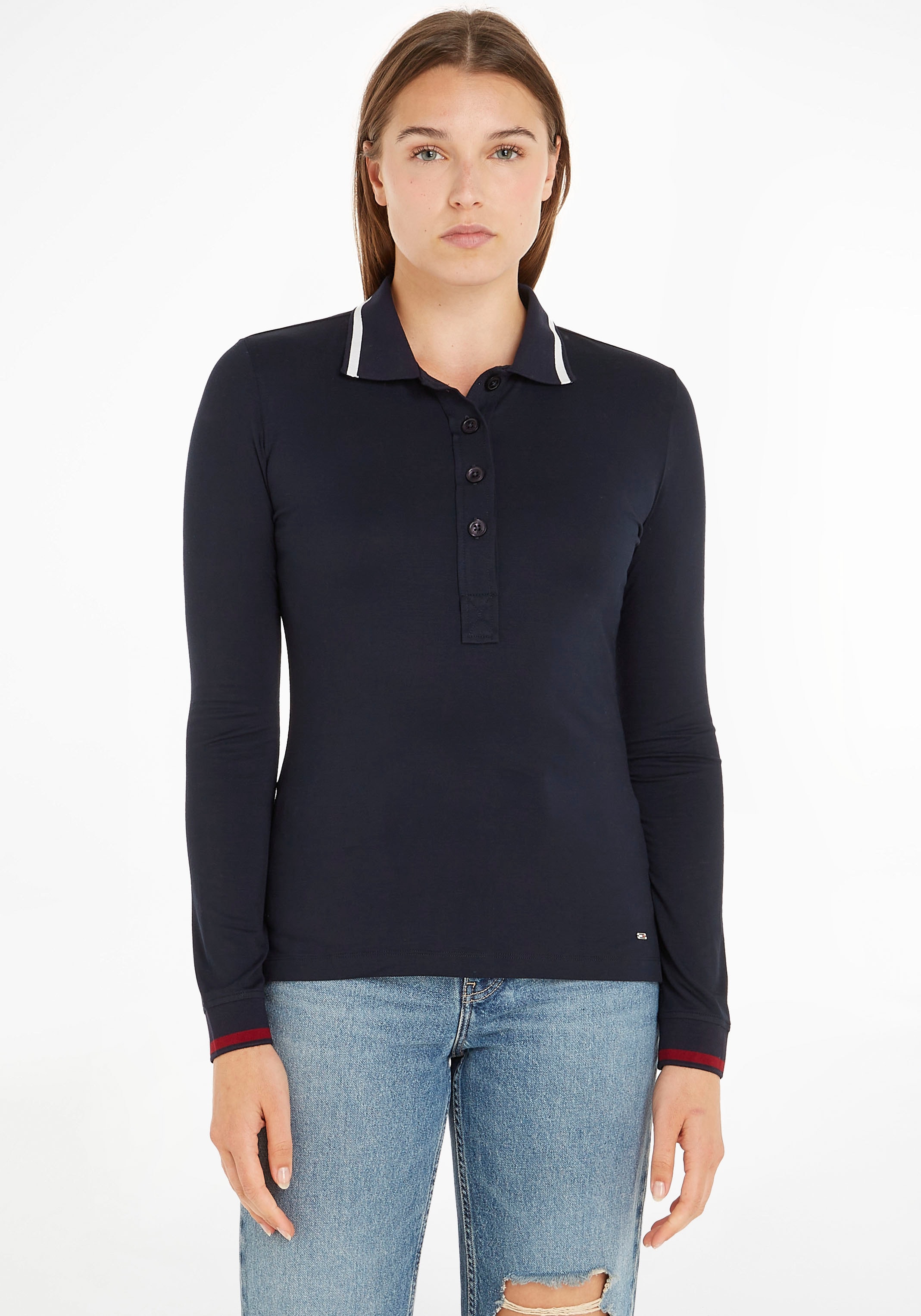 Poloshirt STR Tommy Kragen LS«, Hilfiger farblicher GLOBAL für moderner, BAUR Ärmel kaufen an »SLIM Einfassung & | SPLIT POLO mit