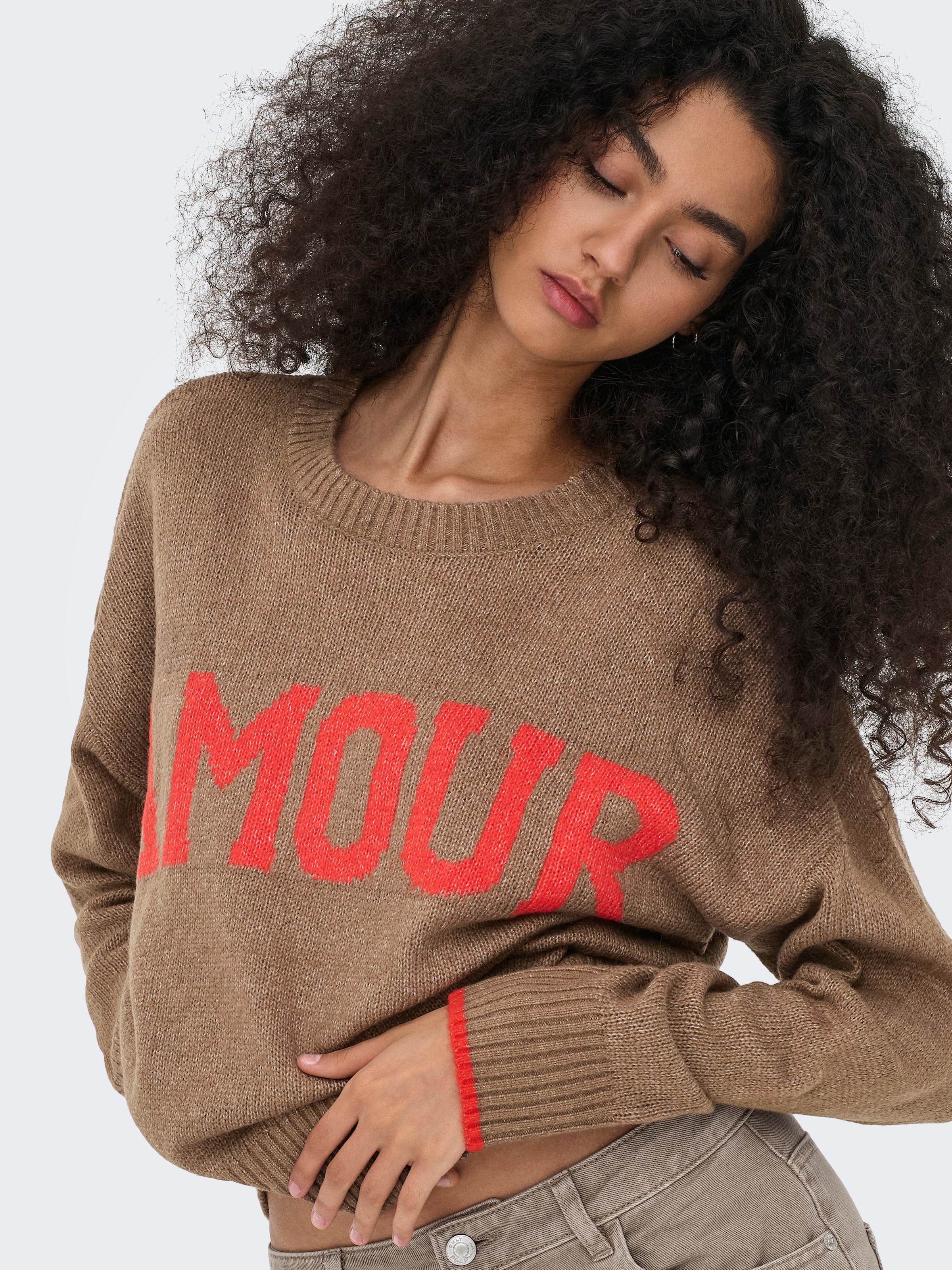 ONLY Rundhalspullover »ONLNEW AMOUR LS TEXT O-NECK CS KNT«