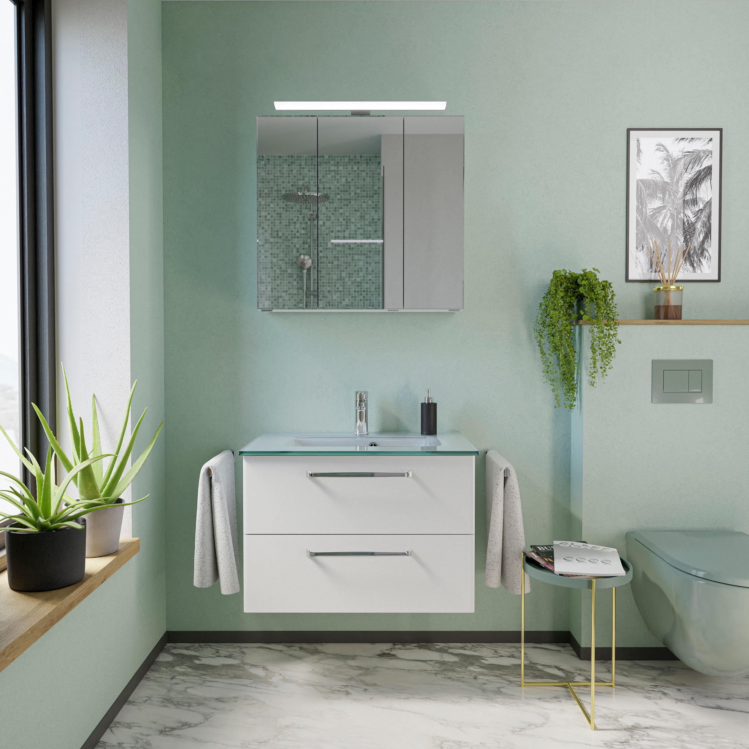 Saphir Badmöbel-Set »Badmöbel-Set Trentino 3-teilig Glas-Waschtisch mit LED-Spiegelschrank«, (4 St.), Badezimmer-Set mit Unterschrank inkl. Türdämpfer