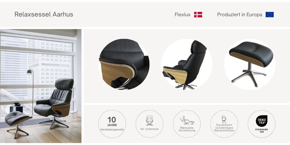 FLEXLUX Relaxsessel »Aarhus, Gepolsterter Funktionssessel, Skandinavisch design, Armlehnen«, Relaxfunktion & Kopf- Rückenverstellung