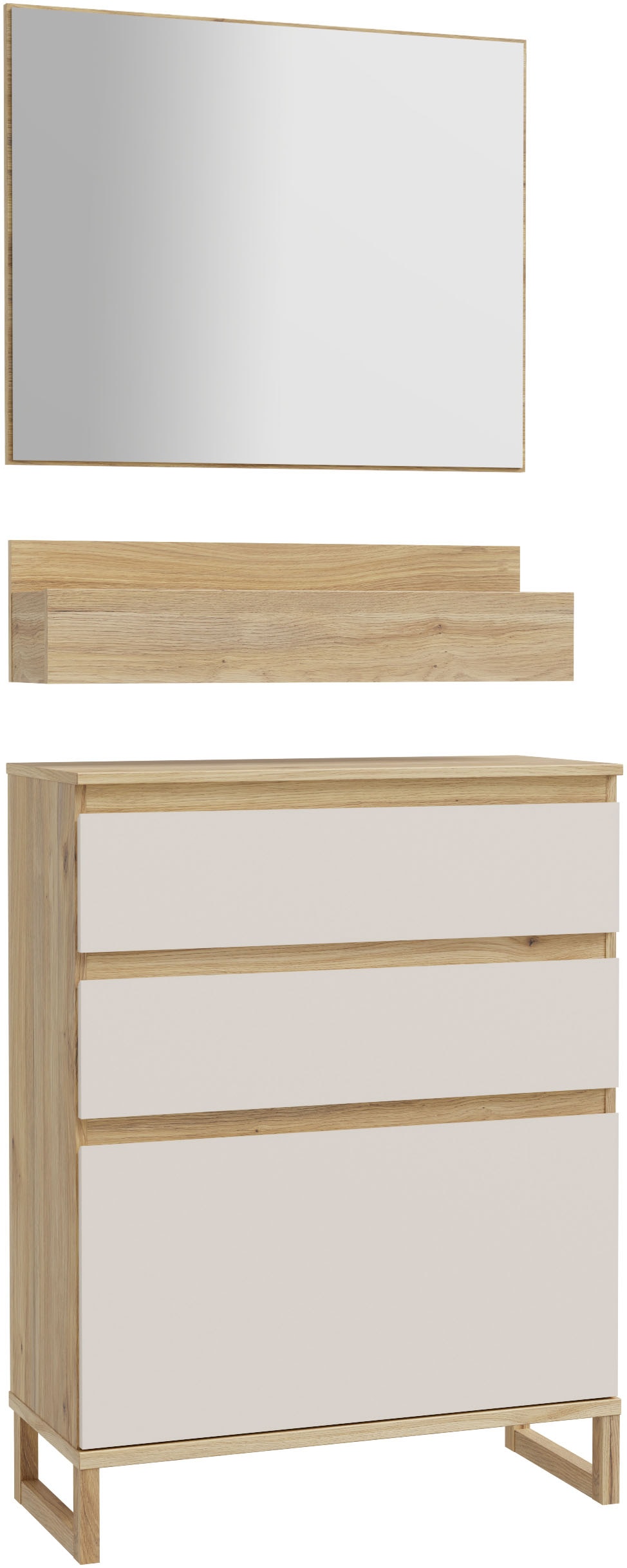 FORTE Garderoben-Set, (3 St.), Kompaktgarderobe mit Spiegel, Regal und Kommode mit Schuhkorb