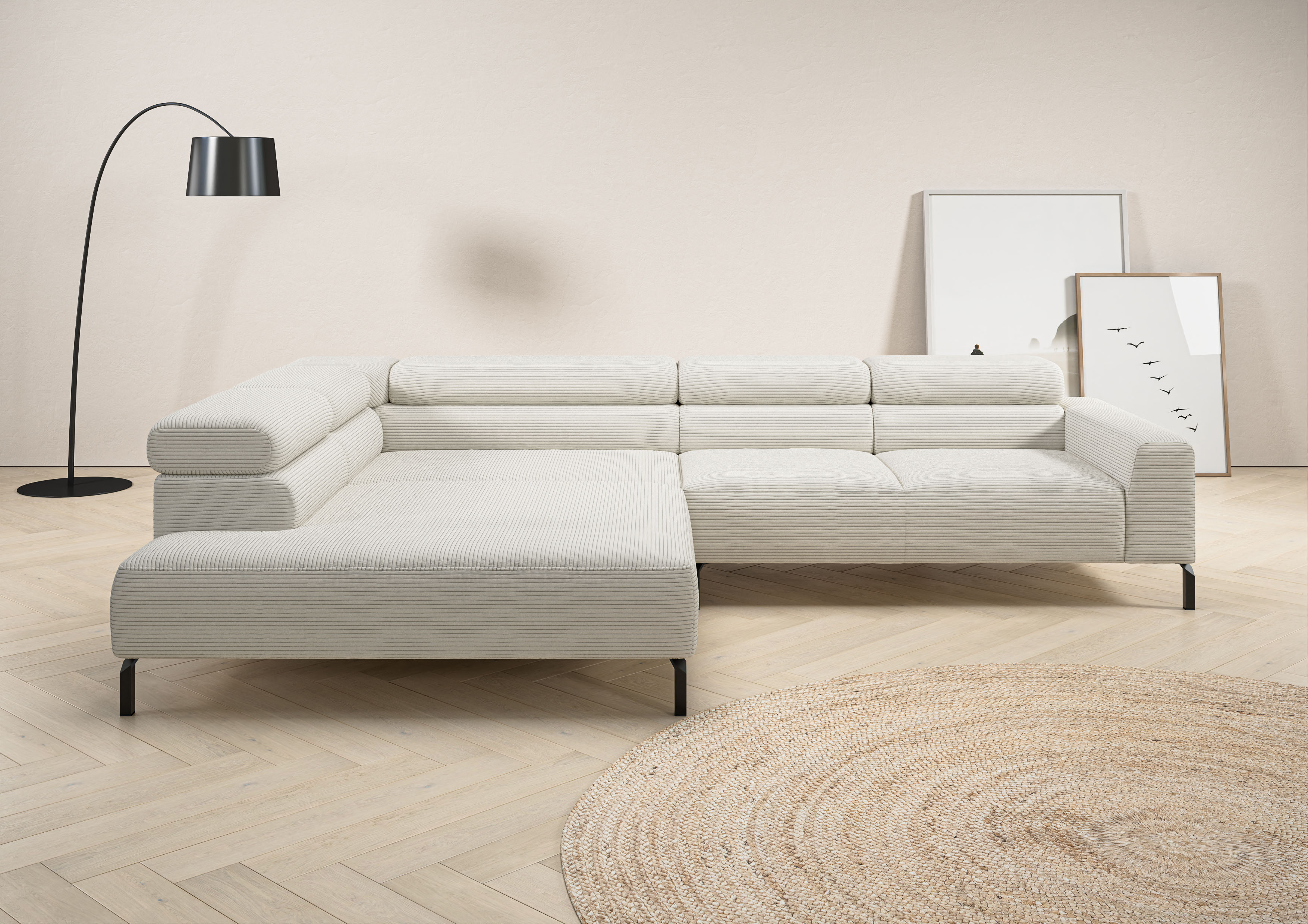Home affaire Ecksofa "Antonelli, L-Form, incl. Kopfteilverstellung, Breite 312 cm" mit elektrischer Sitztiefenverstellung, in Cord, weiß