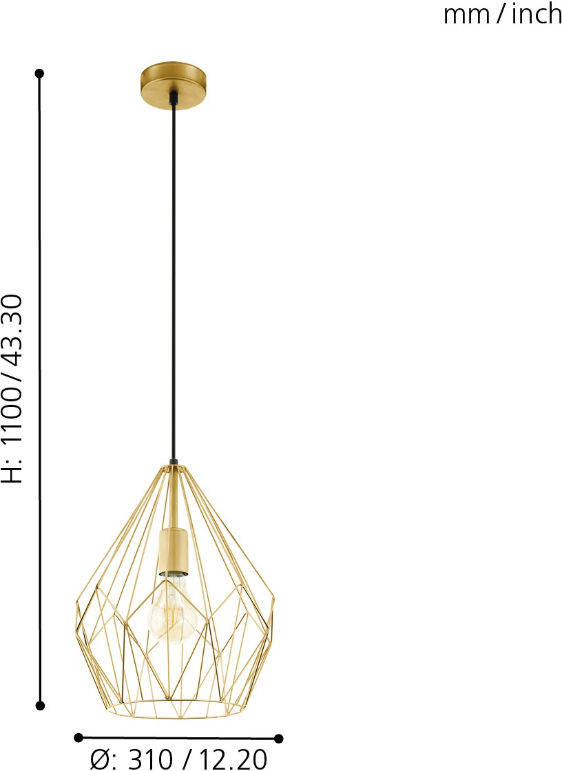EGLO Pendelleuchte »CARLTON«, 1 flammig, Leuchtmittel E27 | ohne Leuchtmittel, Vintage Pendelleuchte, Retro Hängelampe in Gold matt, E27 Fassung
