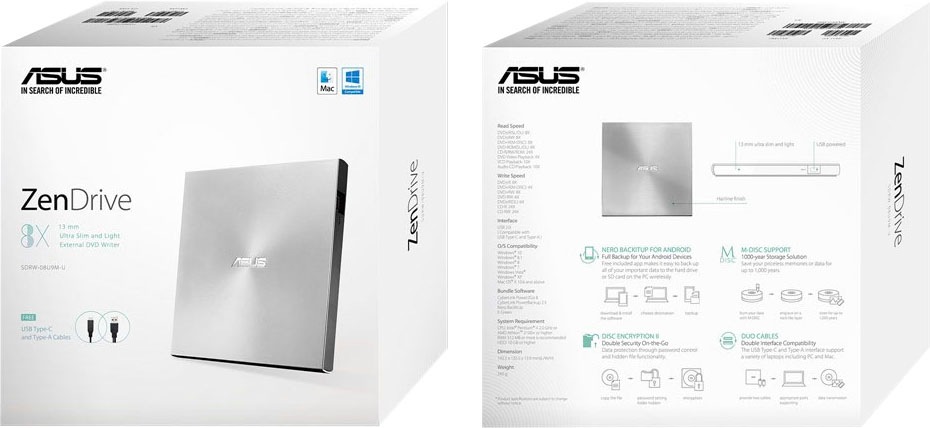 Asus Diskettenlaufwerk »SDRW-08U9M-U«, (USB 2.0-USB Type-A DVD 8 fachx/CD 24 fachx)