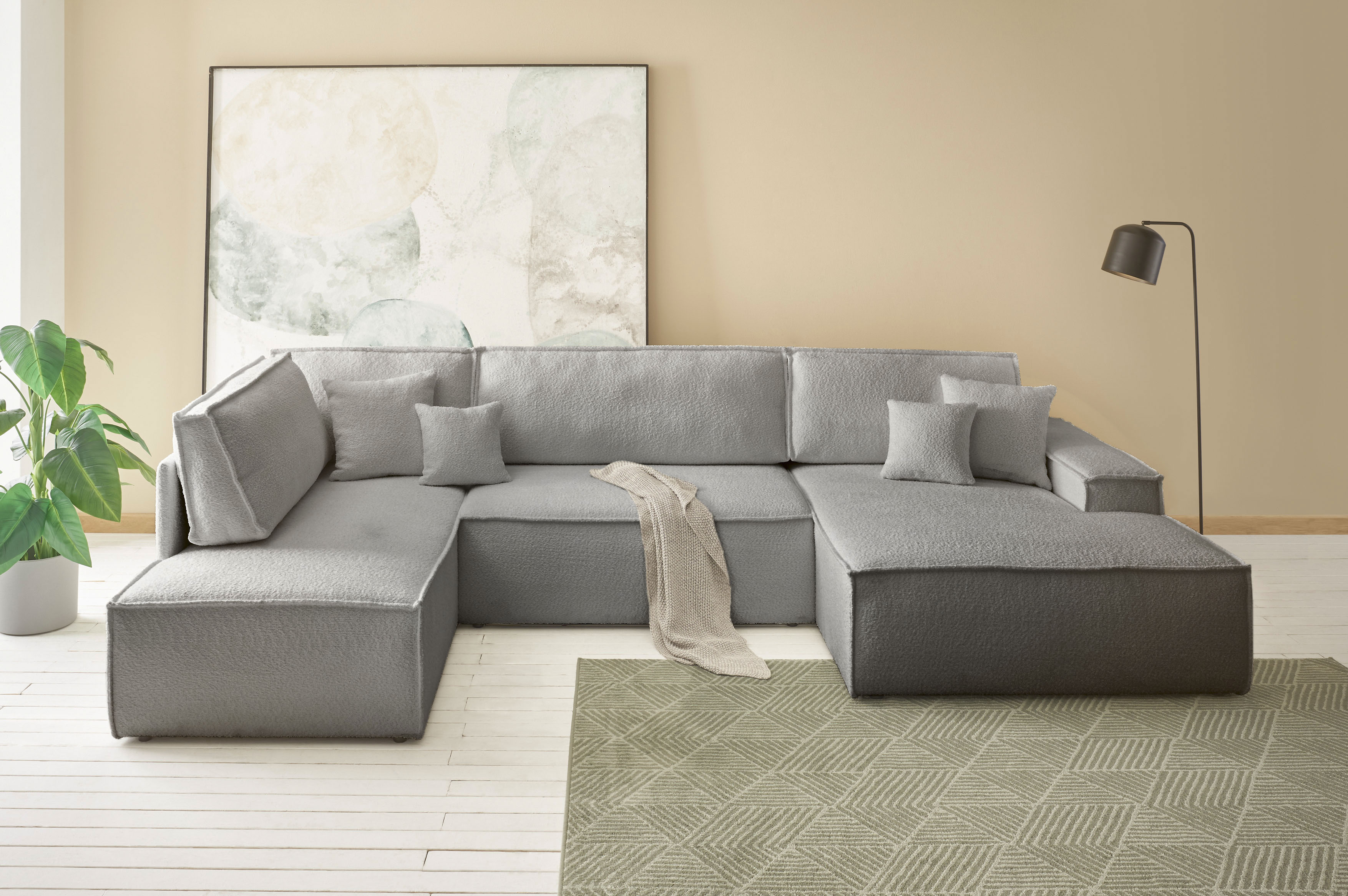OTTO home Wohnlandschaft "FINNLEY Bouclé U-Form XXL 329 cm - OTTO. Verlässliche Qualität." Schlafsofa, Bettkasten, in Bouclé, Struktur fein und Mega Cord