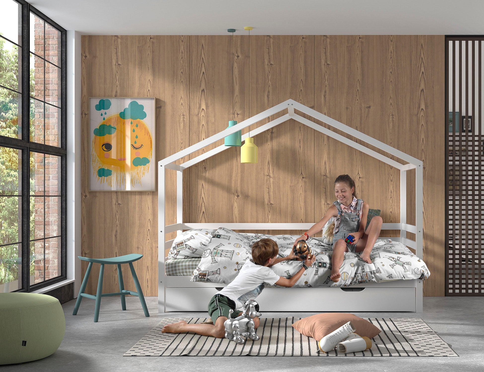 Vipack Hausbett »aus massiver Kiefer, weiß lackiert, stabil gebaut«, 90/200 inkl. Rolllattenrost, Umrandung, Bettschublade u. Dachaufbau