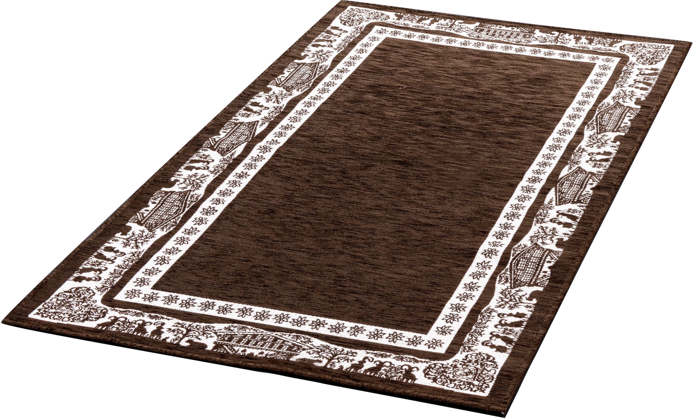 Teppich GINO FALCONE "Vintages Corji" Gr. 2, braun, B:80cm H:5mm L:150cm, Baumwolle, Chenille, Kunstfaser, Teppiche, Teppich, dekoratives Alpenmotiv in der Bordüre