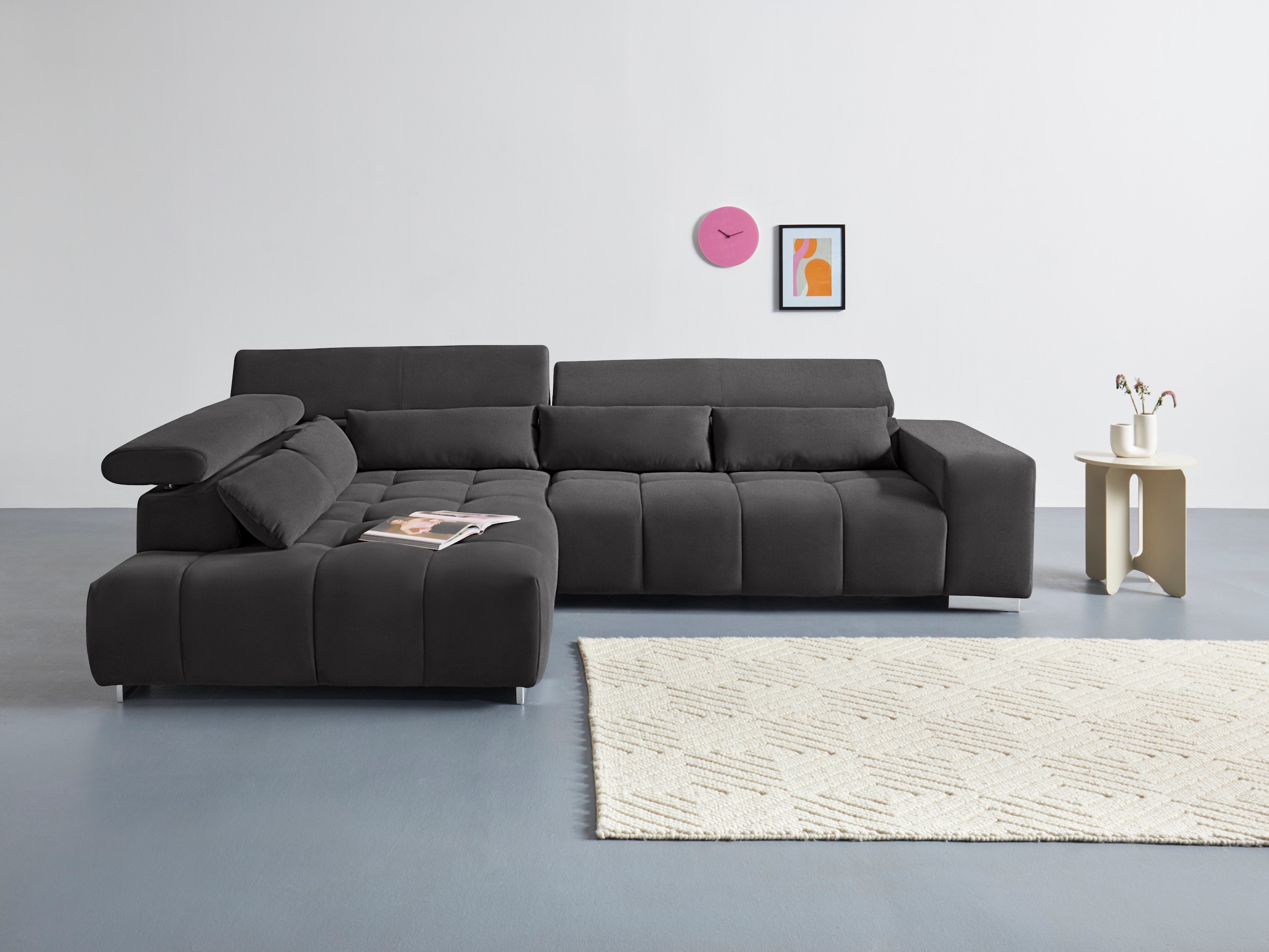 COTTA Ecksofa "Orion L-Form, B: 310 cm, moderne Steppung, bequeme Wellenunterfederung" Kopfteilverstellung & 5 Nierenkissen