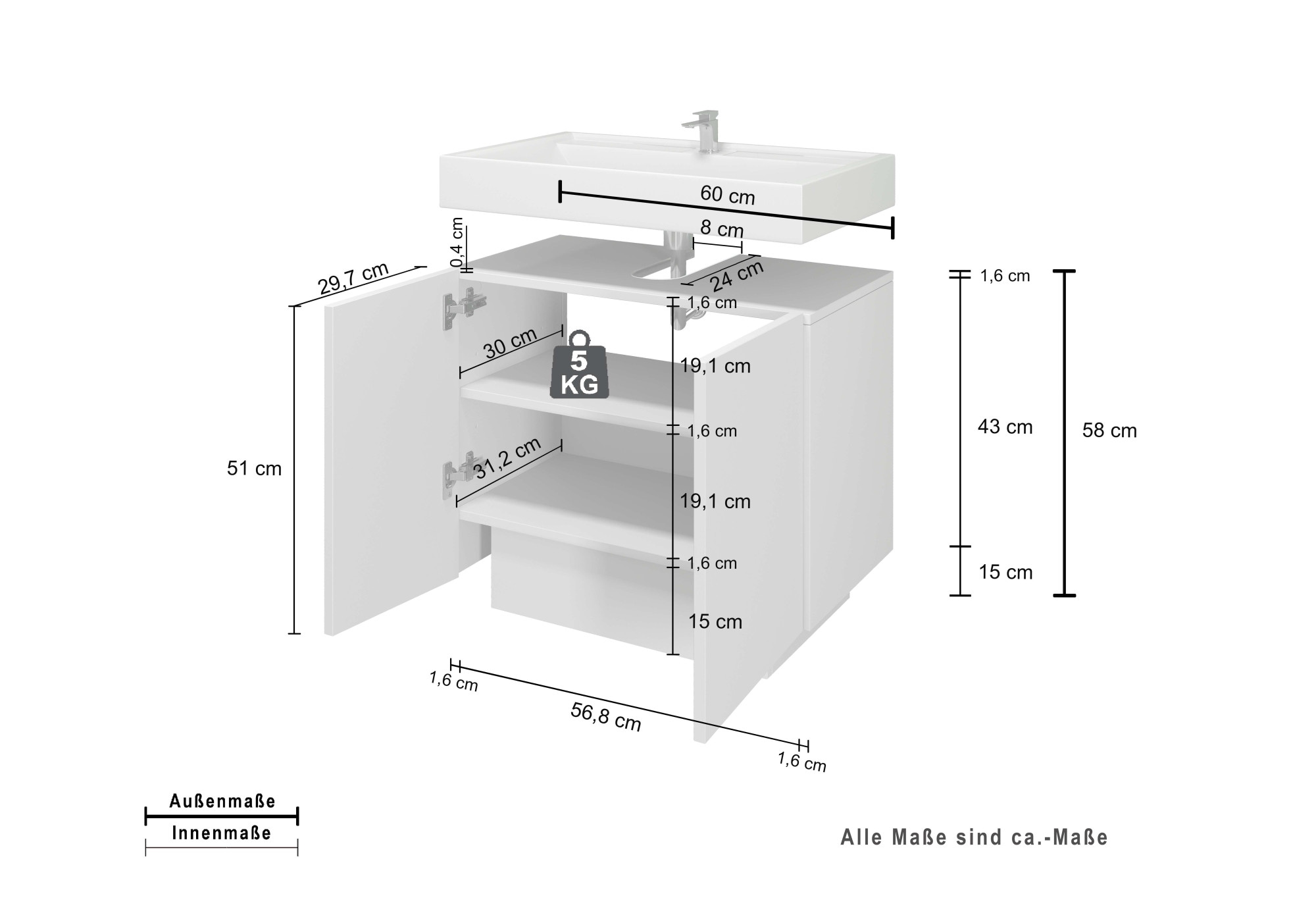 welltime Waschbeckenunterschrank »Vela,Breite 60cm, 2 Türen, 2 Fächer, mit Siphonausschnitt« 1 Stk. tlg. Waschbeckenunterschrank,Waschtisch,Design mit schrägen Türen
