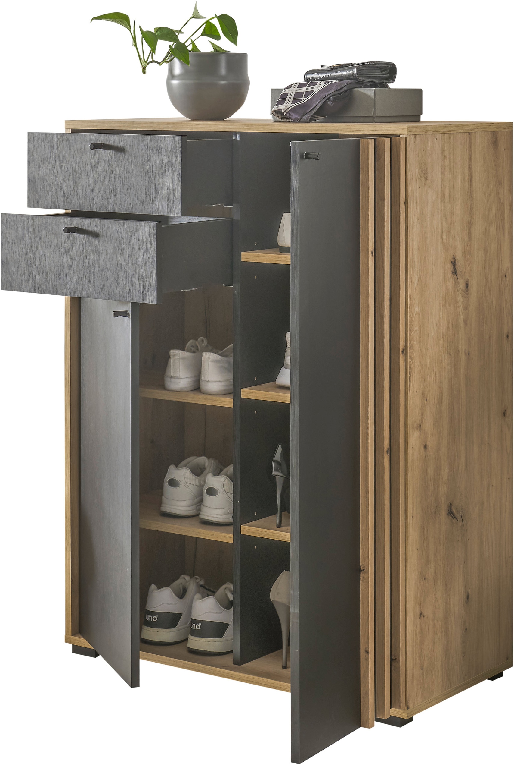 HBZ Garderoben-Set »5-tlg. Eiche MDF Stripes Flurgarderobe Stellmaß BxHxT 230x196x38 cm«, (5 St.), Mit Schuhkommode, Hochschrank, Bank, Paneel, Spiegel