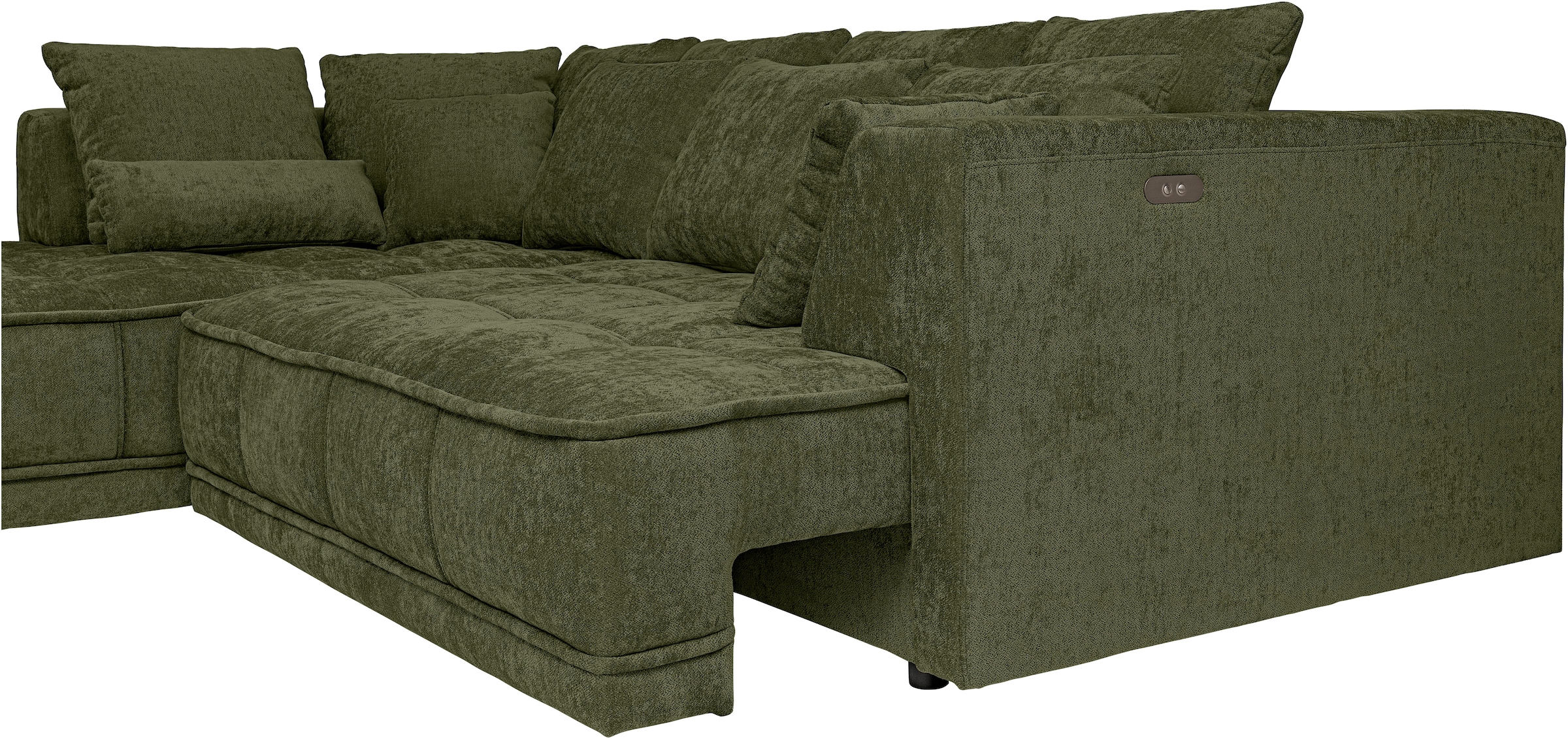 WERK2 Ecksofa »Tiga, Komfortsofa mit elekt. Auszugsfunktion, bequem, L-Form« Pure Wohlfühlgarantie: Ausziehbare Sitztiefe, XXL-Ottomane & Kissen.