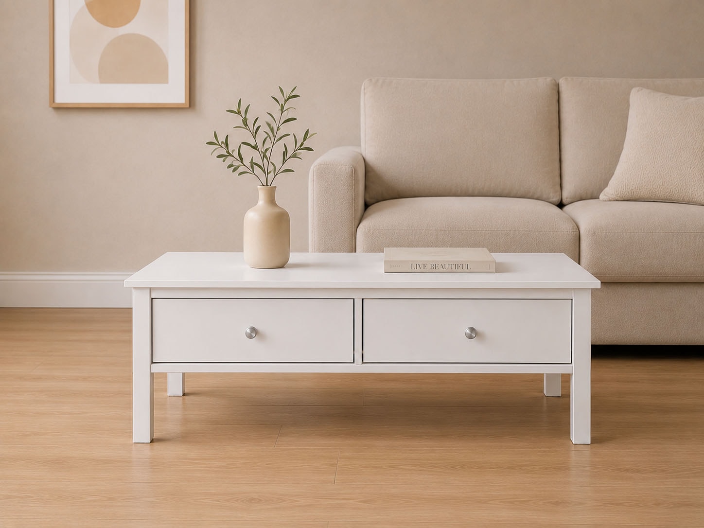 Inter Link "Pinora aus massiver Kiefer, weiss lackiert, 110 x 70 x 47 cm" 1 Stk. tlg. Salontisch im modernem Skandi Look, mit 2 Schubladen