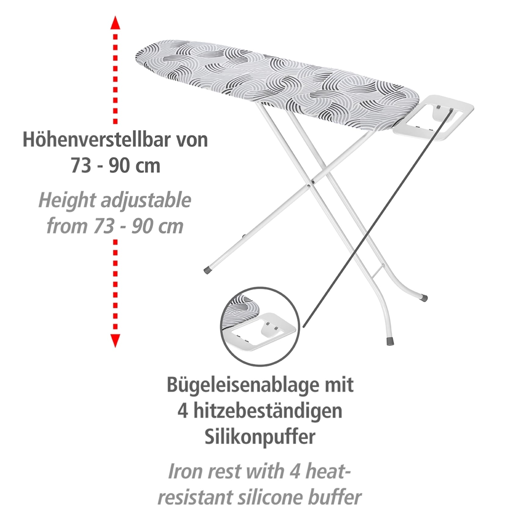 WENKO Bügelbrett »Modell Base«, Bügelfläche 110 cmx30 cm, höhenverstellbarer Bügeltisch, platzsparend klappbar