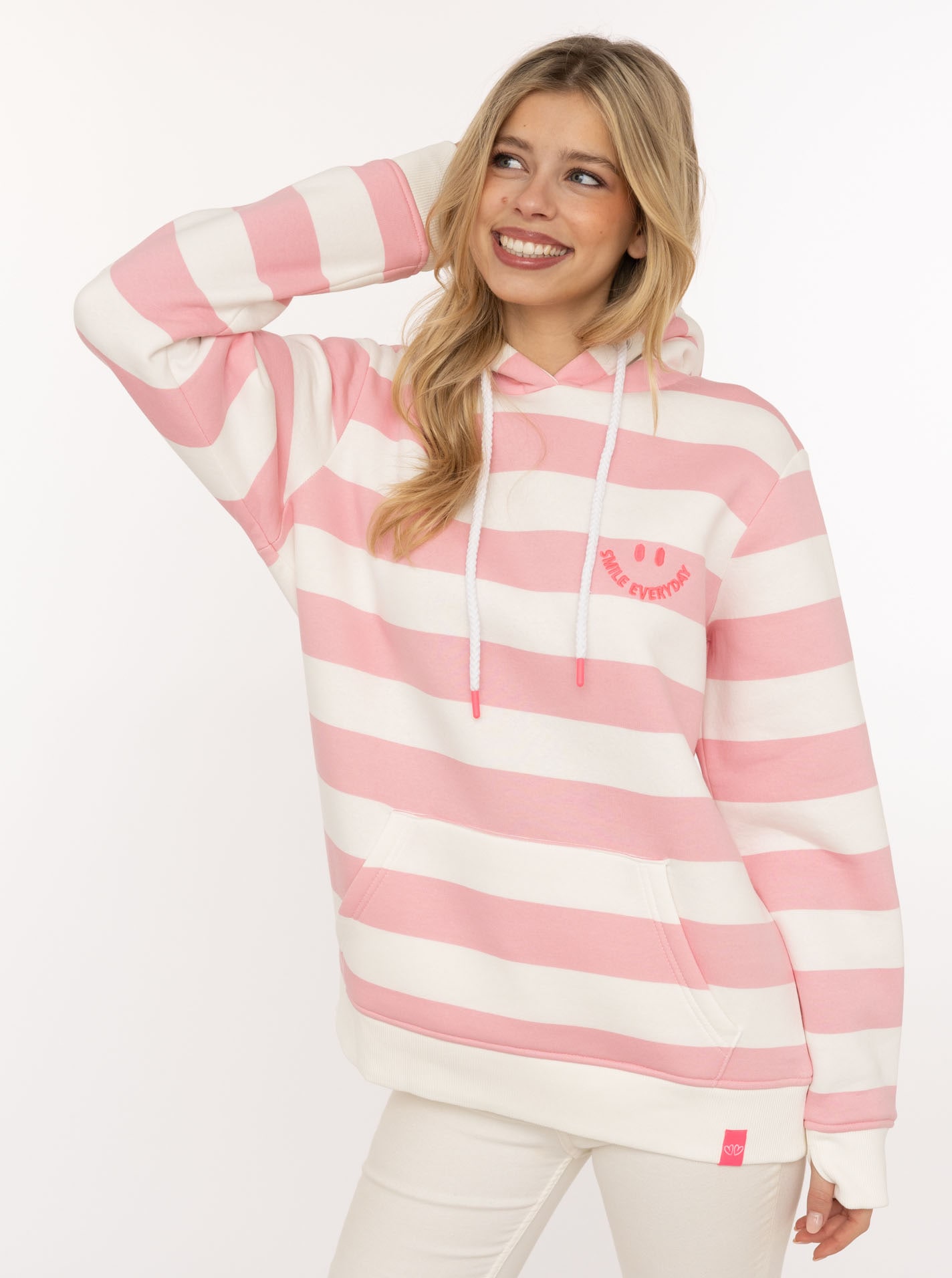 Zwillingsherz Hoodie ""Streifen Smile Everyday"", Blockstreifen, pinke Stickerei, Kängurutasche, Kapuze
