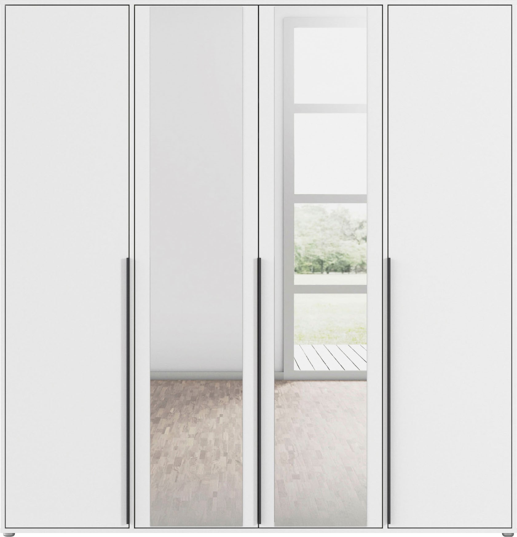 rauch Drehtürenschrank »Kleiderschrank Schrank Garderobe Wäscheschrank NAGATA mit Spiegel«, (in 3 verschiedenen Ausstattungen BASIC/CLASSIC/PREMIUM), und modernen Stangengriffen in Graumetallic TOPSELLER MADE IN GERMANY