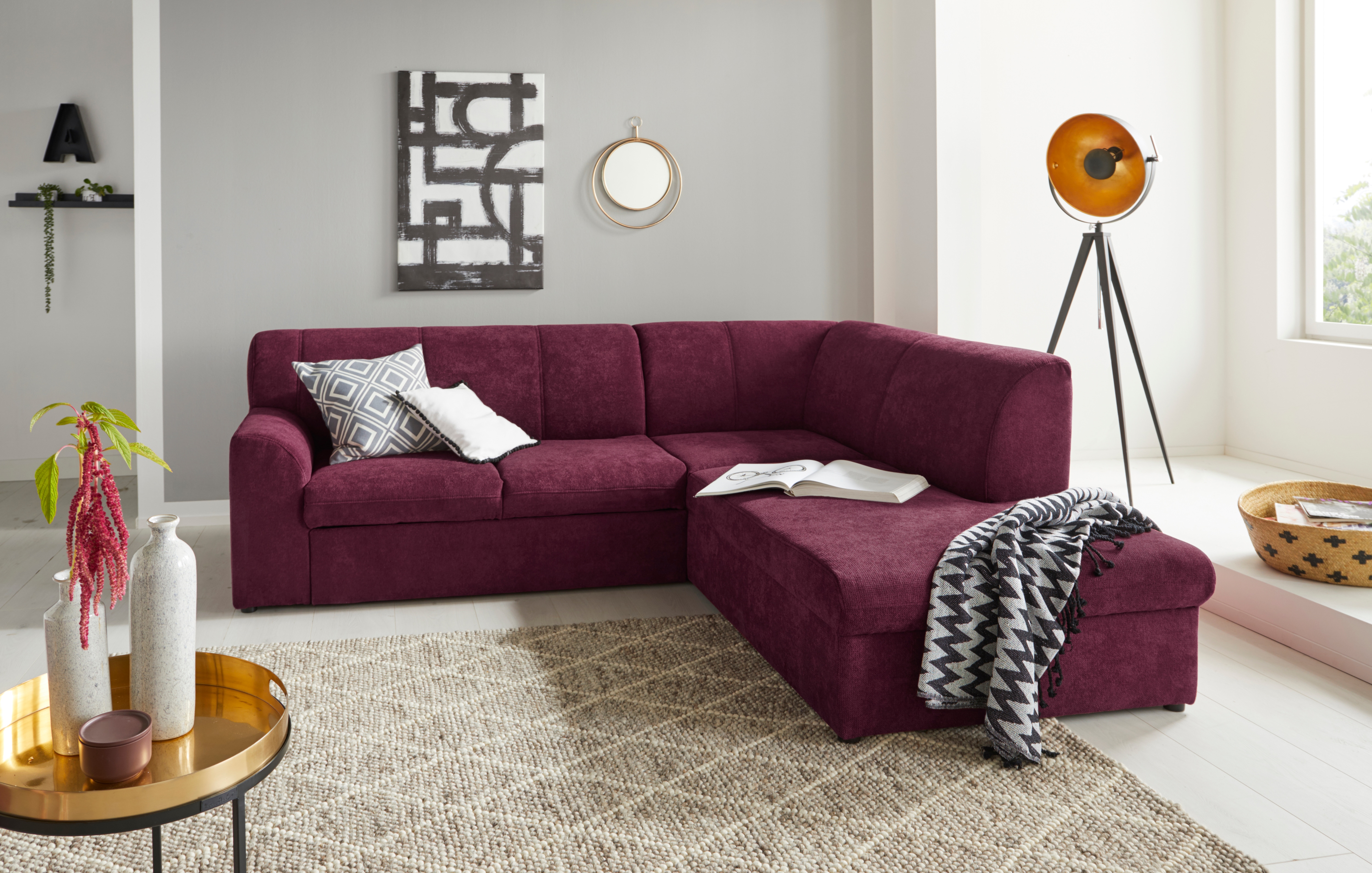 DOMO collection "Topper zeitlos elegant, kompakte StellmaßeL-Form" mit Ottomane, wahlweise mit Schlaffunktion