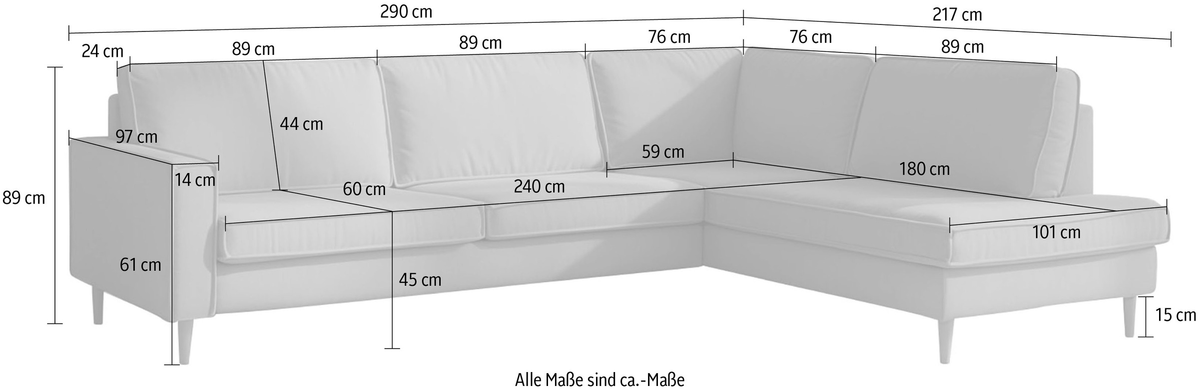 Home affaire Ecksofa »Pinto Skandi, 290 cm, Chenille, Struktur, Ottomane links / rechts« mit Keder, Massivholzfüße Eiche geräuchert, Wellenunterfederung