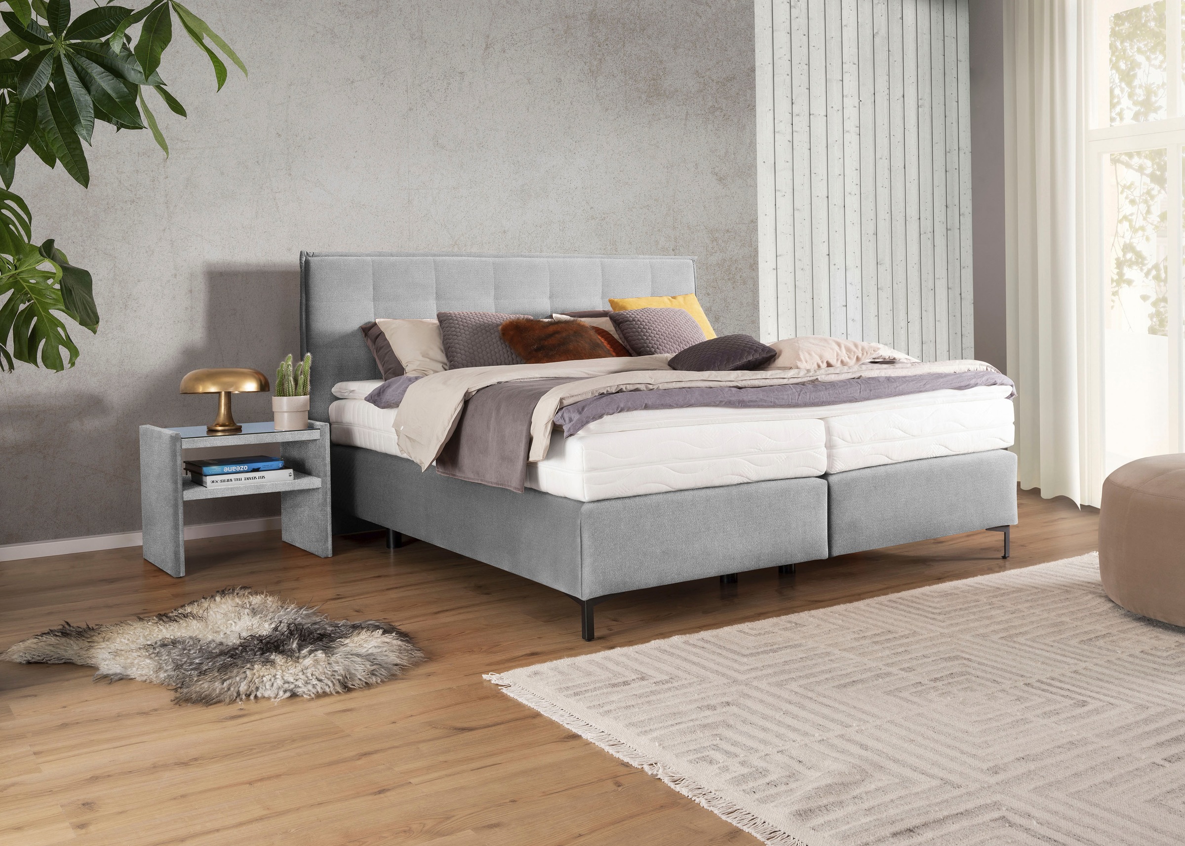 Boxspringbett ALINA "Elmar", grau (hellgrau tcm 39), B:180cm L:209cm, Struktur fein TCM (100% Polyester), Komplettbetten, Boxspringbett, mit gestepptem Kopfteil, inklusive Matratze und Topper