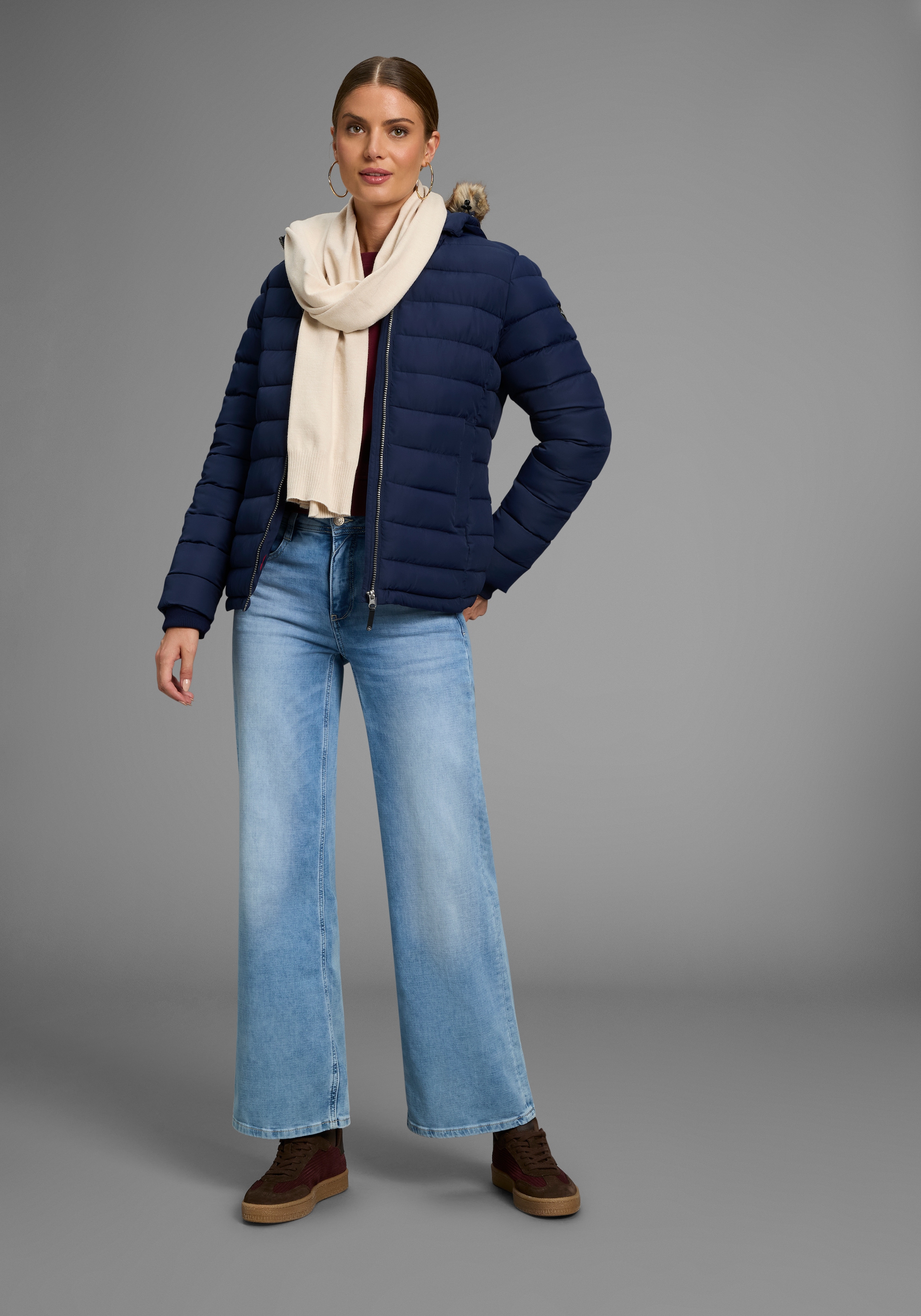 Polarino Steppjacke mit Kapuze Kapuze mit Fellimitat zum Abnehmen