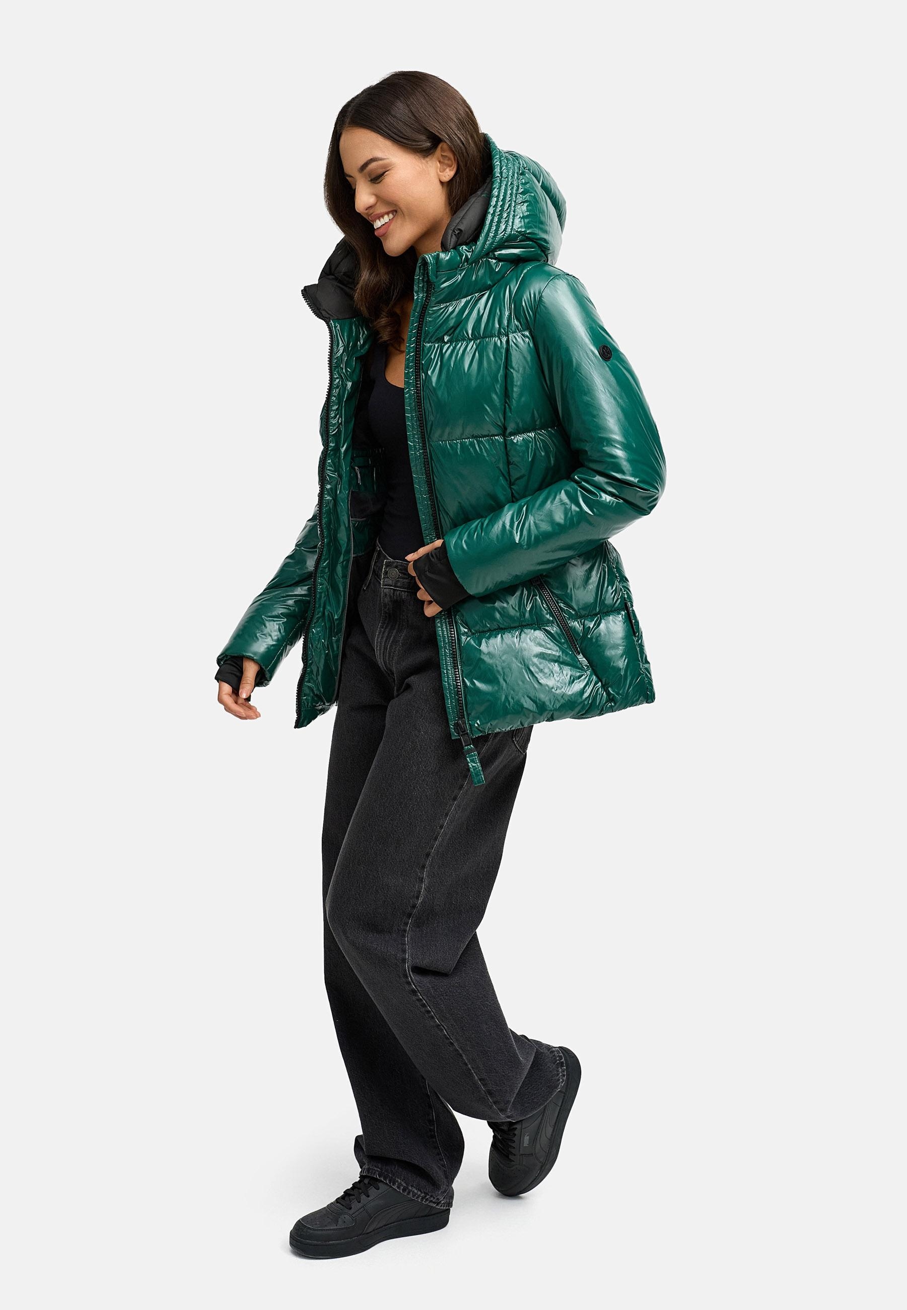 Navahoo Steppjacke »Eisglanz 14« mit Kapuze Glänzende Damen Winterjacke mit Taillengürtel