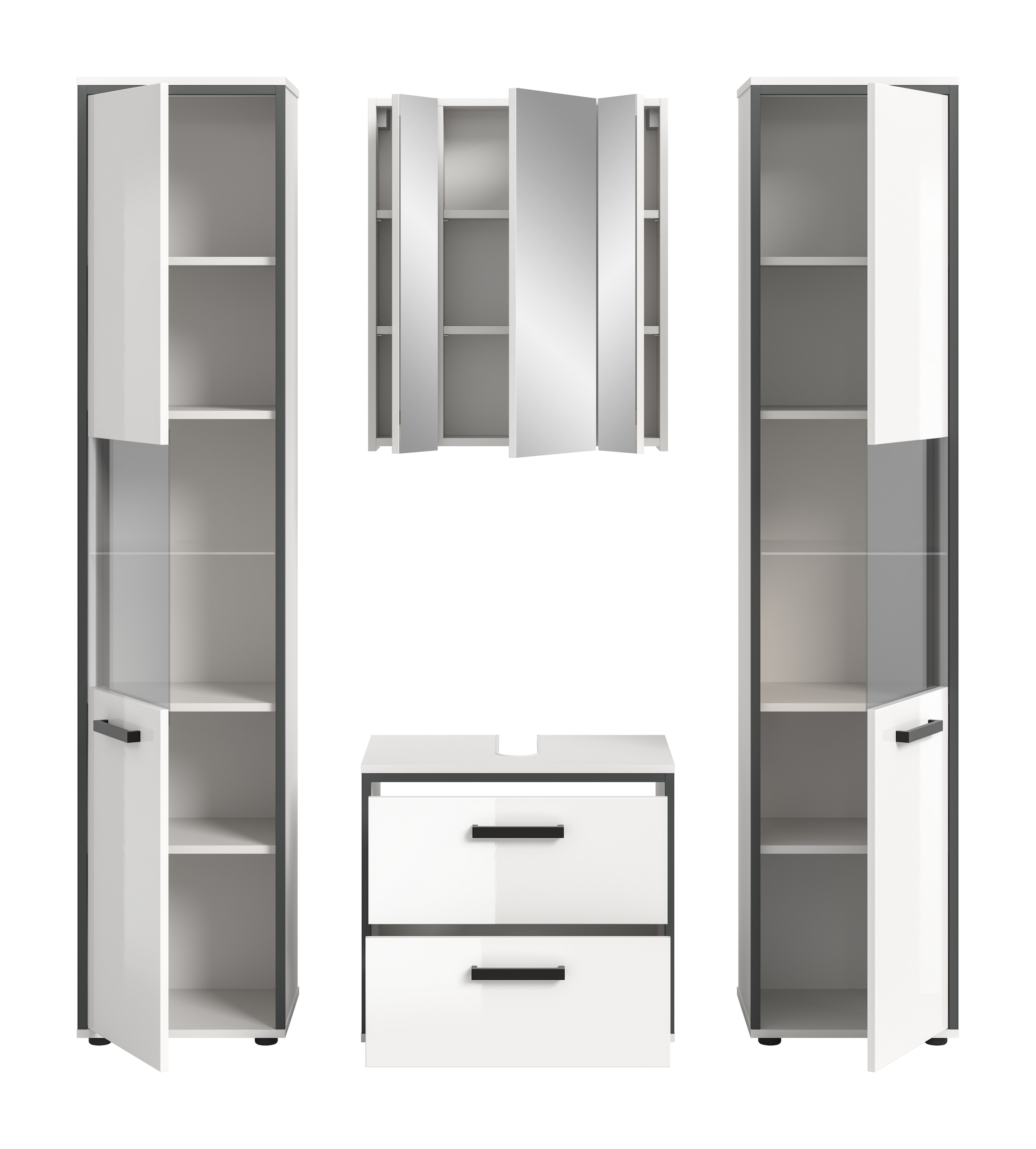 welltime Badmöbel-Set »KAJO, 4-tlg. Badkombination, weiß hochglanz« Set, Set, best. aus:2Hochschränken, 1 WBU, 1 Spiegelschrank, 4 Stk. tlg.