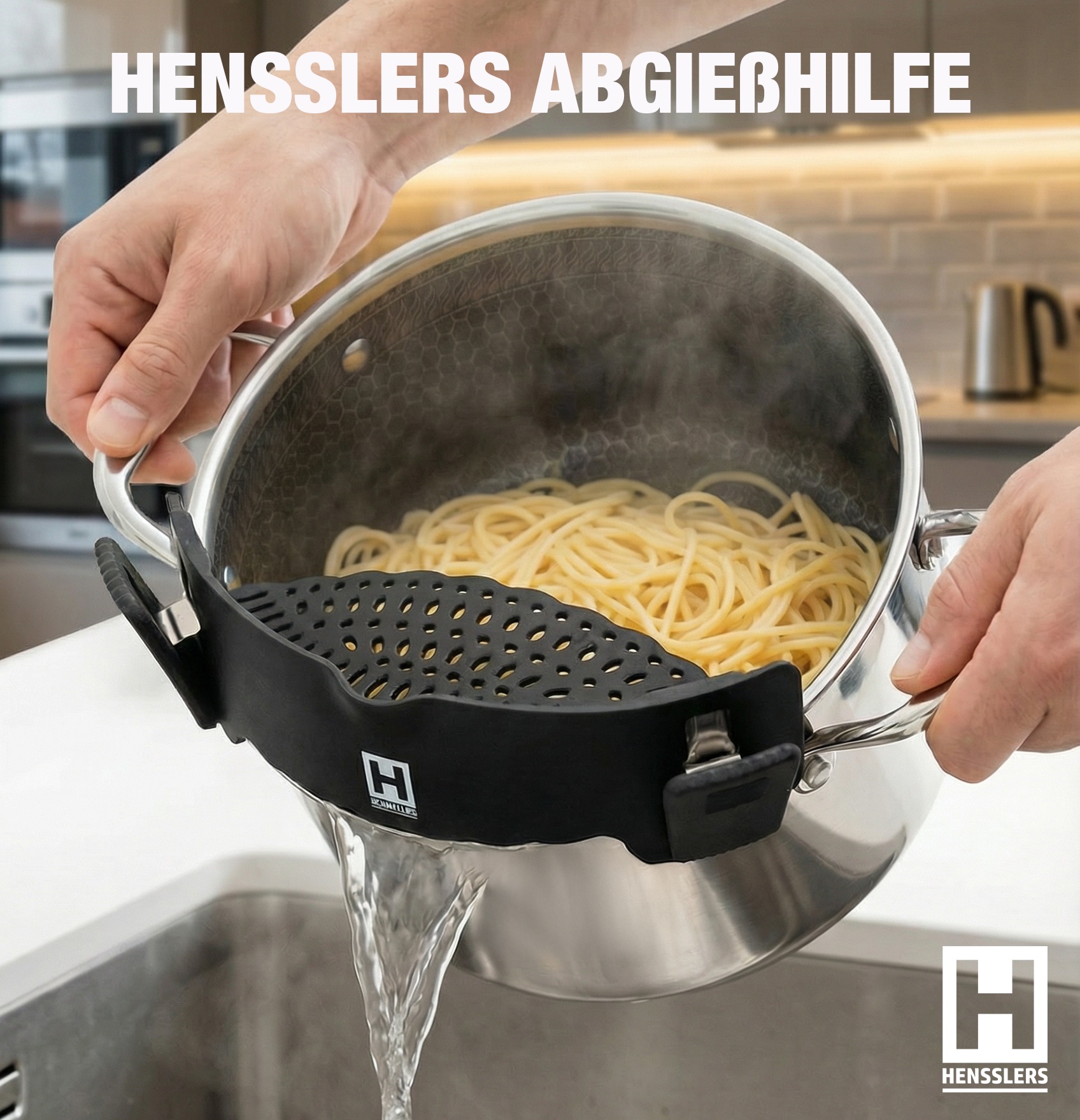 HENSSLERS Servierpfanne »Premium, Pfanne Glasdeckel, inkl. Abgießhilfe & Grillzange - 4tlg.« Edelstahl 18/10 Set, 4 tlg.
