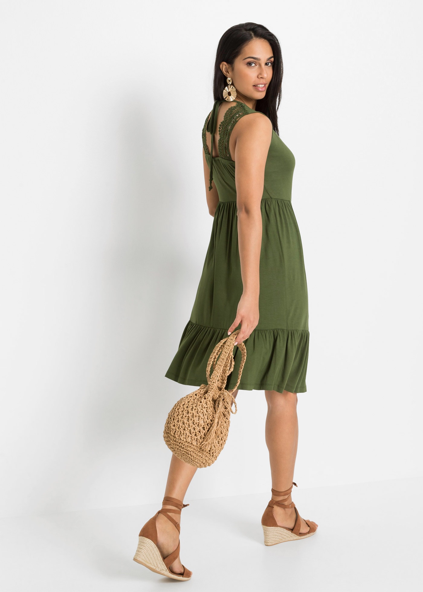 bonprix Jerseykleid für eleganten Look, ärmellos, ohne Kragen, A-Linie, mit Volant