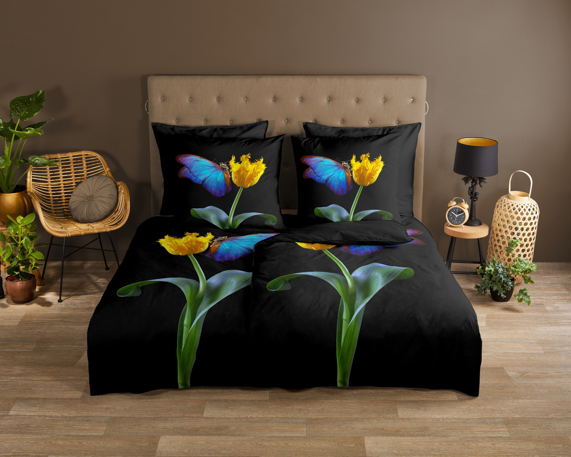 good morning Wendebettwäsche »Hamburg«, 100% Baumwolle, Renforcé, Wendeoptik, Schmetterling, Blumen, Schwarz