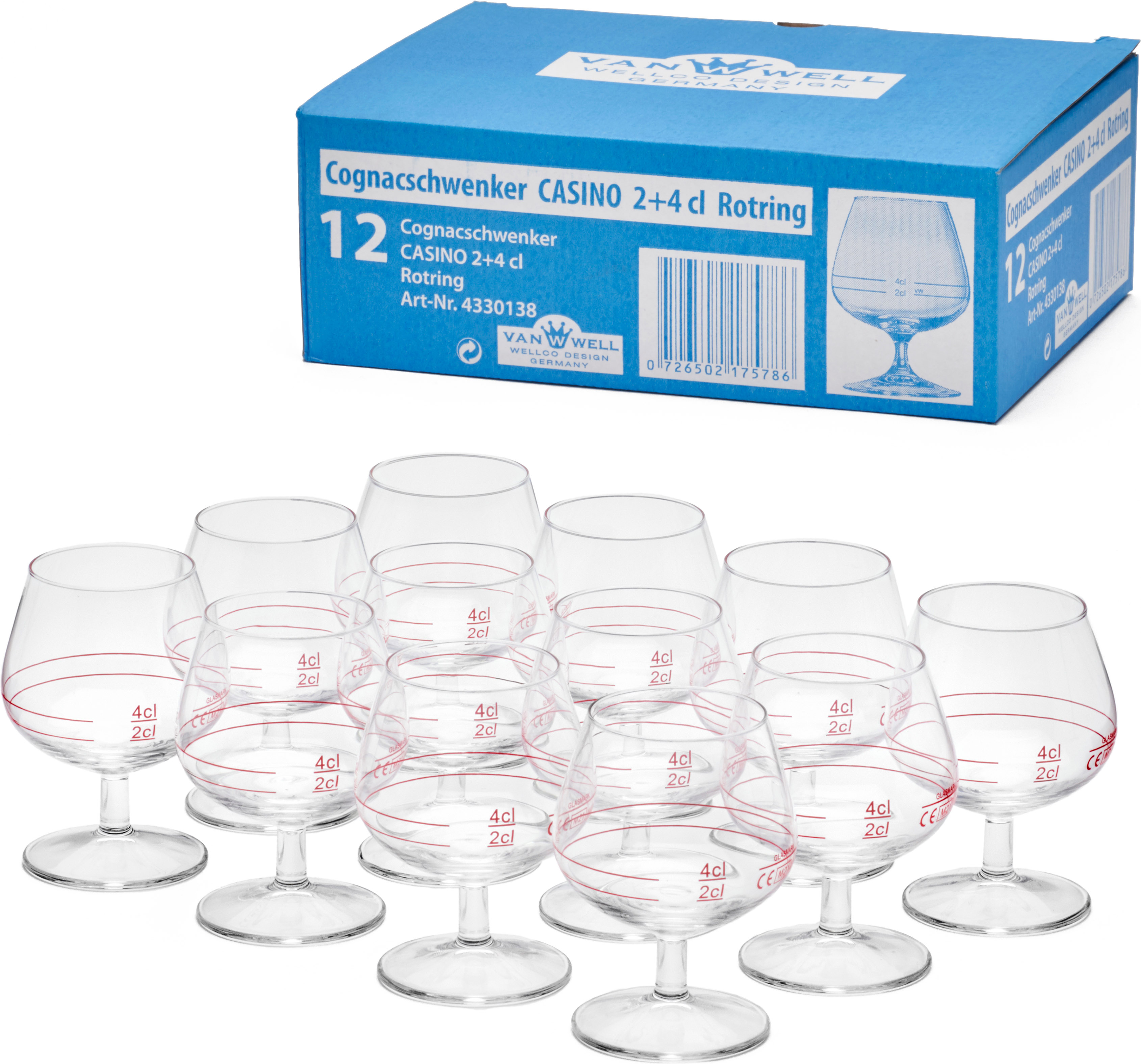 van Well Cognacglas "Cognacschwenker Casino Rotring geeicht 2+4cl, 12 Stück" geeicht, Rotring