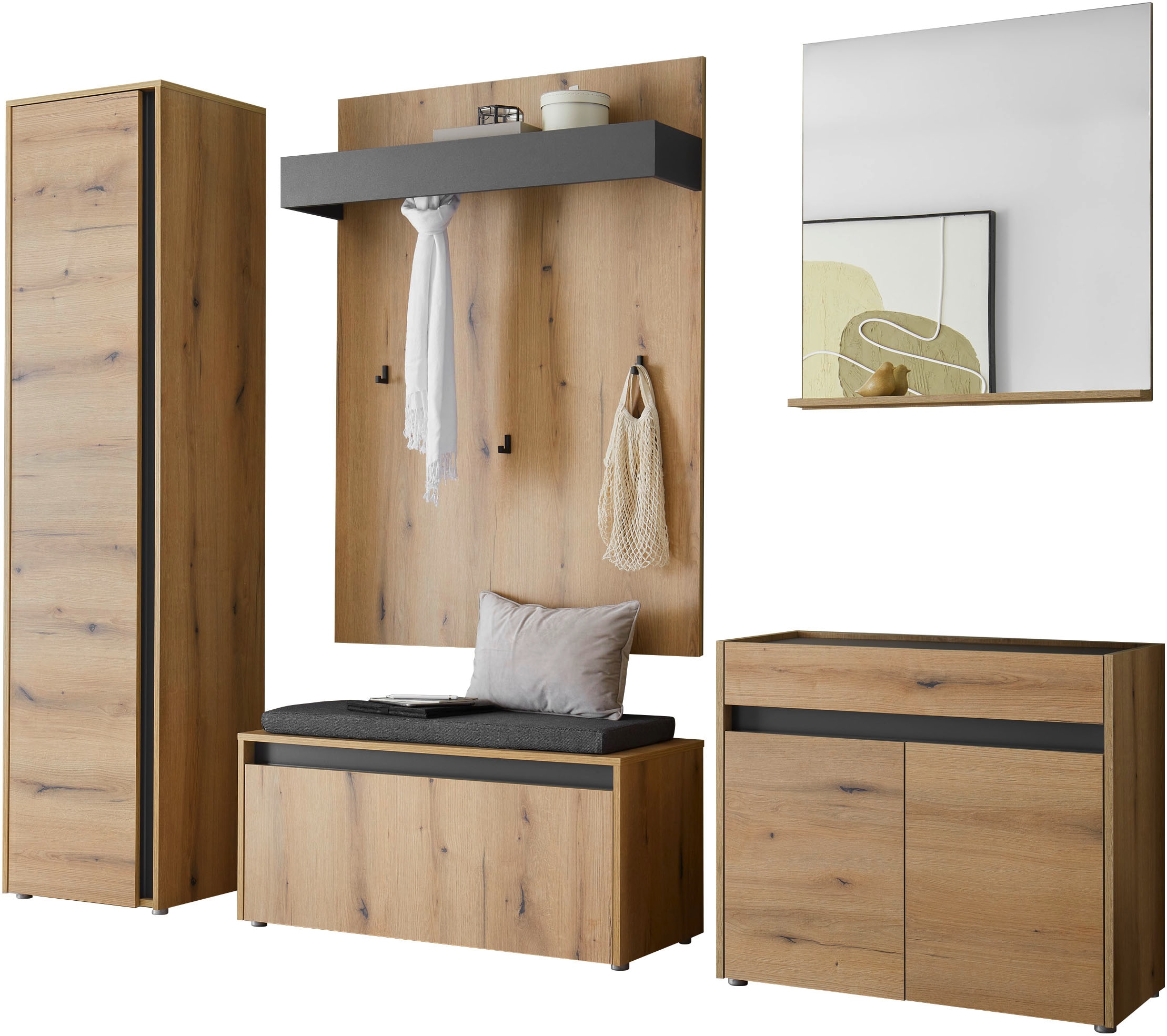 INOSIGN Garderoben-Set »GIRON/CiTY, moderne Garderobe, Komplettset mit viel Stauraum«, (Komplett-Set, 5 St.), enthält Schrank, Kommode, Spiegel, Paneel & Schuhbank +Sitzkissen