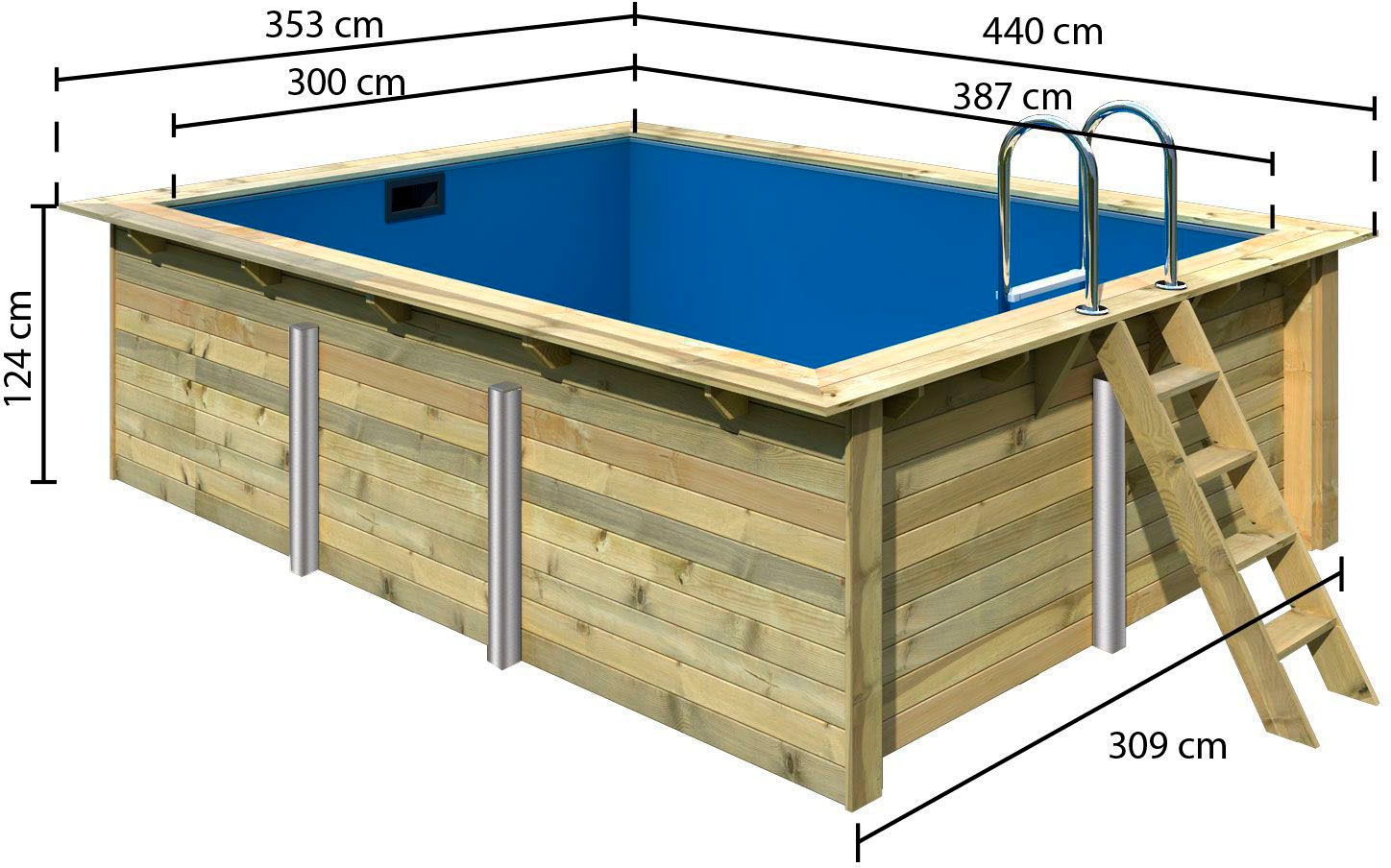 Karibu Rechteckpool »Roma BxLxH: 440x353x124cm«, (Komplett-Set, 9 tlg.), 44 mm starke kesseldruckimprägnierte Holzbohlen aus Fichtenholz