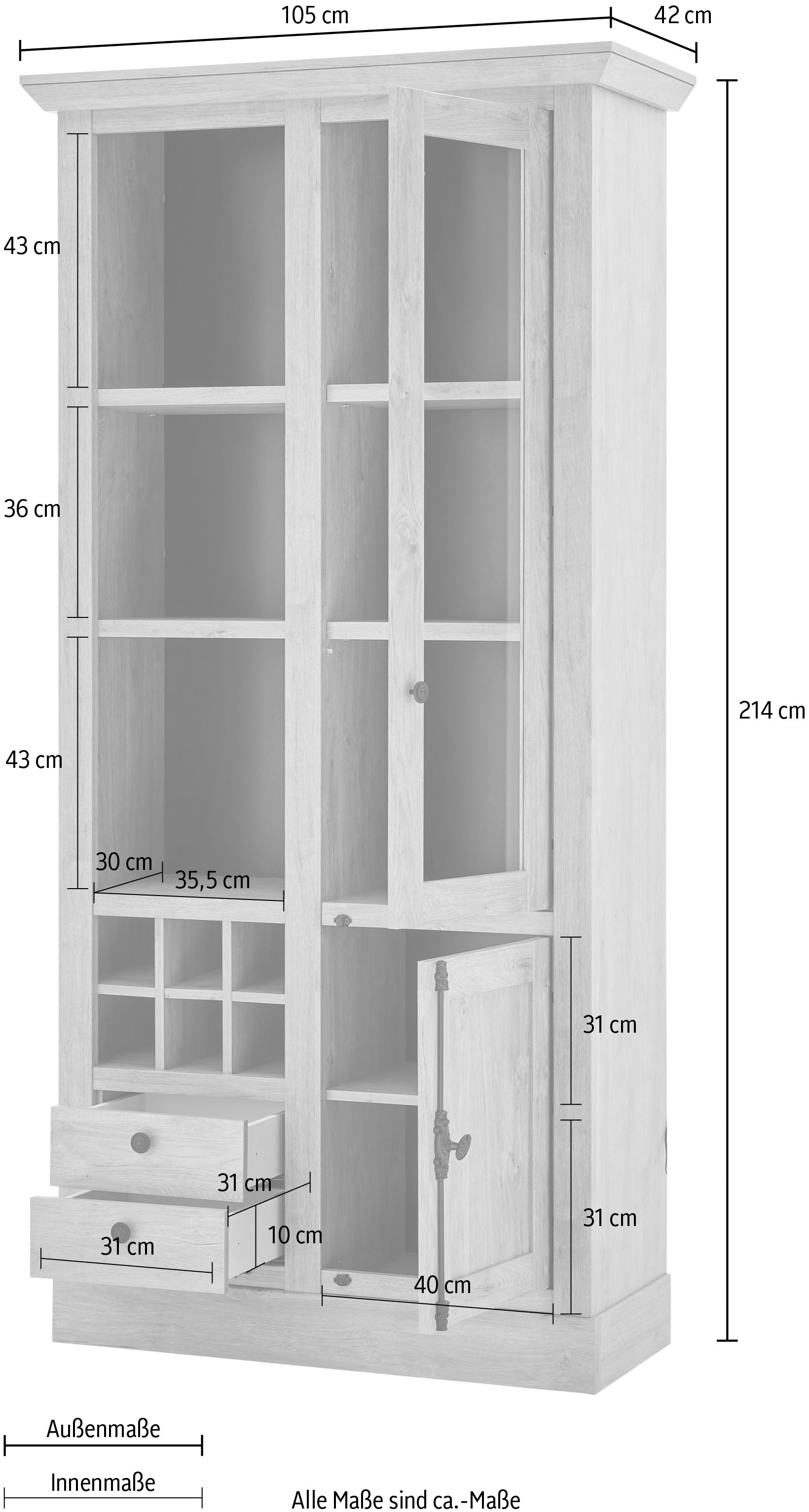Home affaire Vitrine »Cornwall, Hochschrank im Landhausstil, Glasvitrine, Eiche Dekor«, (1 St.), Metallgriffe, 105 cm breit, viel Stauraum, in zwei Größen verfügbar