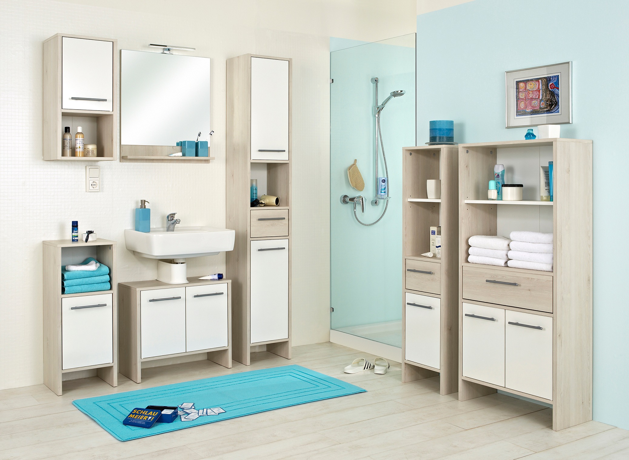 Saphir Hochschrank »Quickset 350 Badschrank 33 cm breit, 2 Türen, 1 Schublade, 1 Nische«, (1 St.), Badezimmer-Hochschrank, Pinie Ida hell, Griffe alufarbig