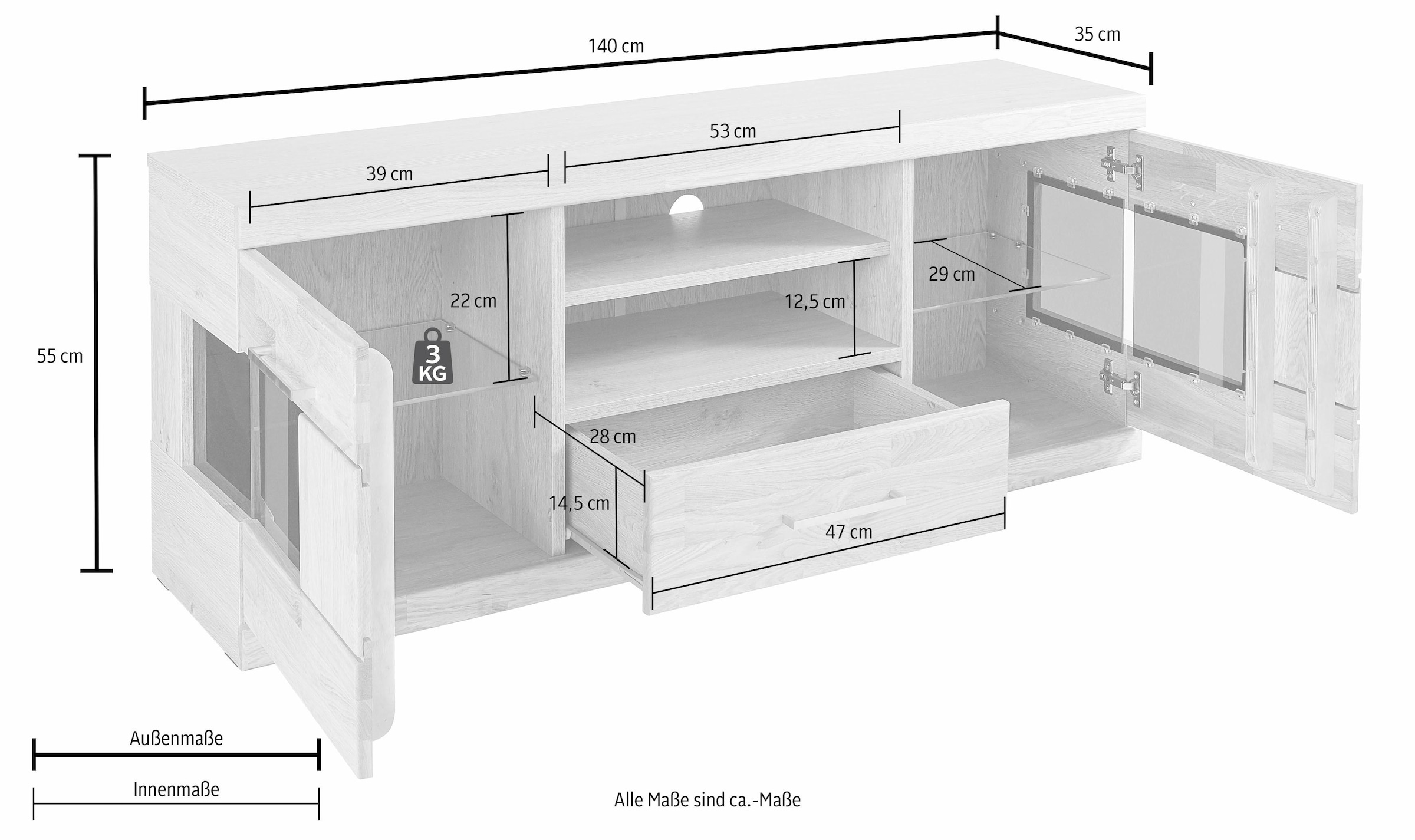 Woltra Lowboard »Ribe«, Breite 140 cm mit 1 Schubkasten und 2 Glastüren