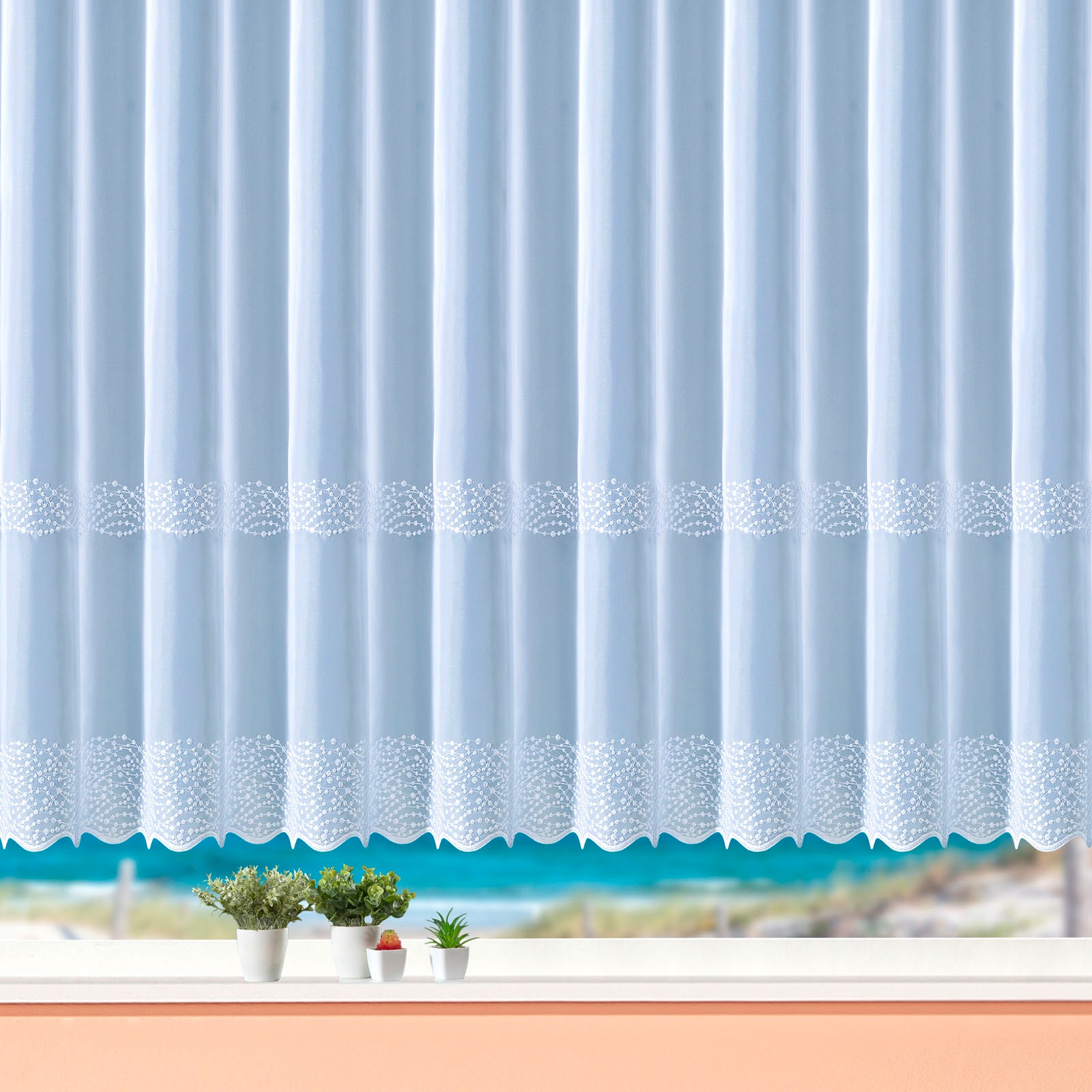 Weckbrodt Gardine "Duisburg, 1 Stück, transparent, echte Stickerei" Kräuselband 1 Stk. tlg. echte Stickerei, Voile, transparent, Bordüre, Kante, gebogt, Store
