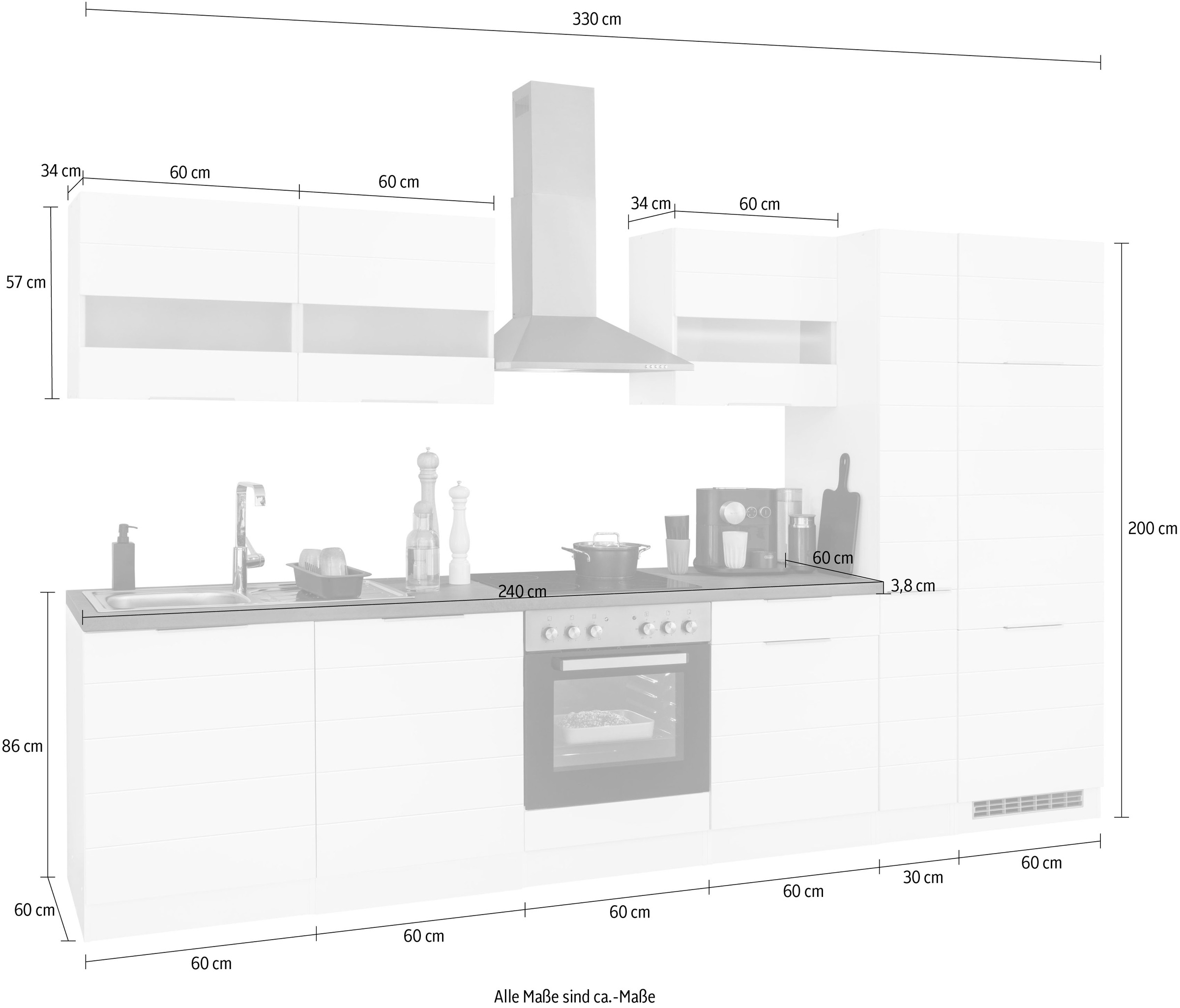 KOCHSTATION Küchenzeile »KS-Luhe«, 330 cm breit, wahlweise mit oder ohne E-Geräten, gefräste MDF-Fronten