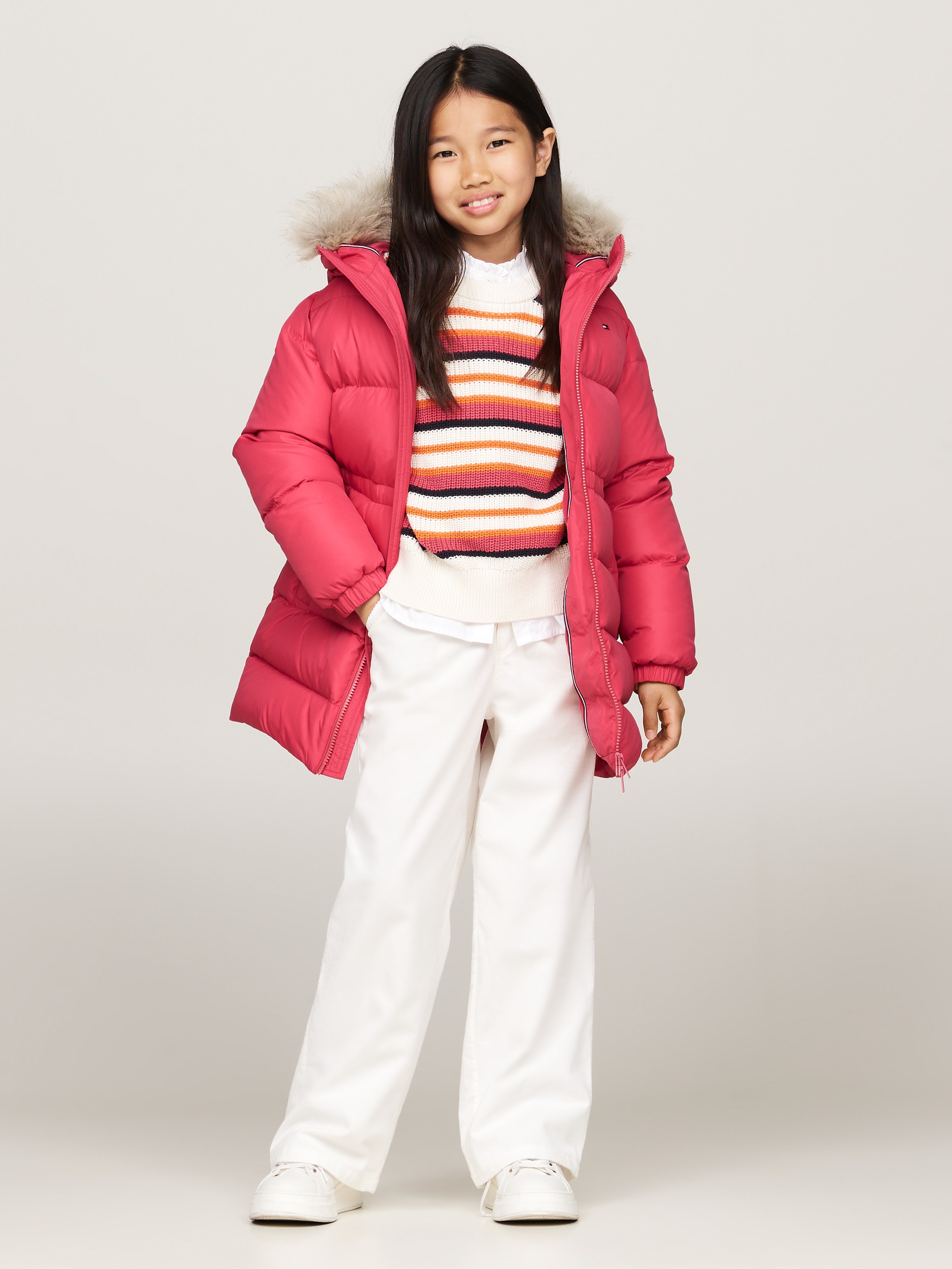 Tommy Hilfiger Steppjacke »LONG WAISTED DOWN JACKET«, mit Kapuze, mit Fellimitat