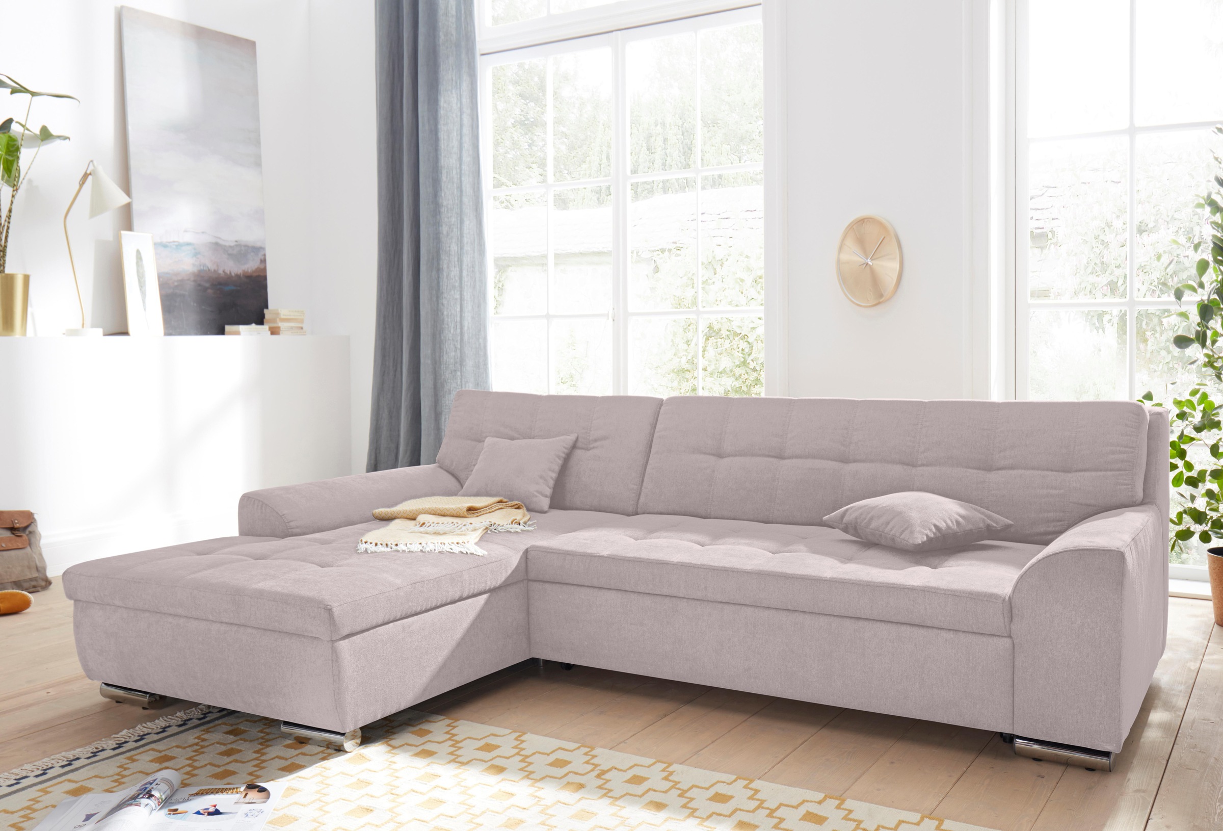 DOMO collection Ecksofa "Aversa, moderne Steppung, geschwungene Armlehnen, Breite 267cm" L-Form, wahlweise mit Bettfunktion