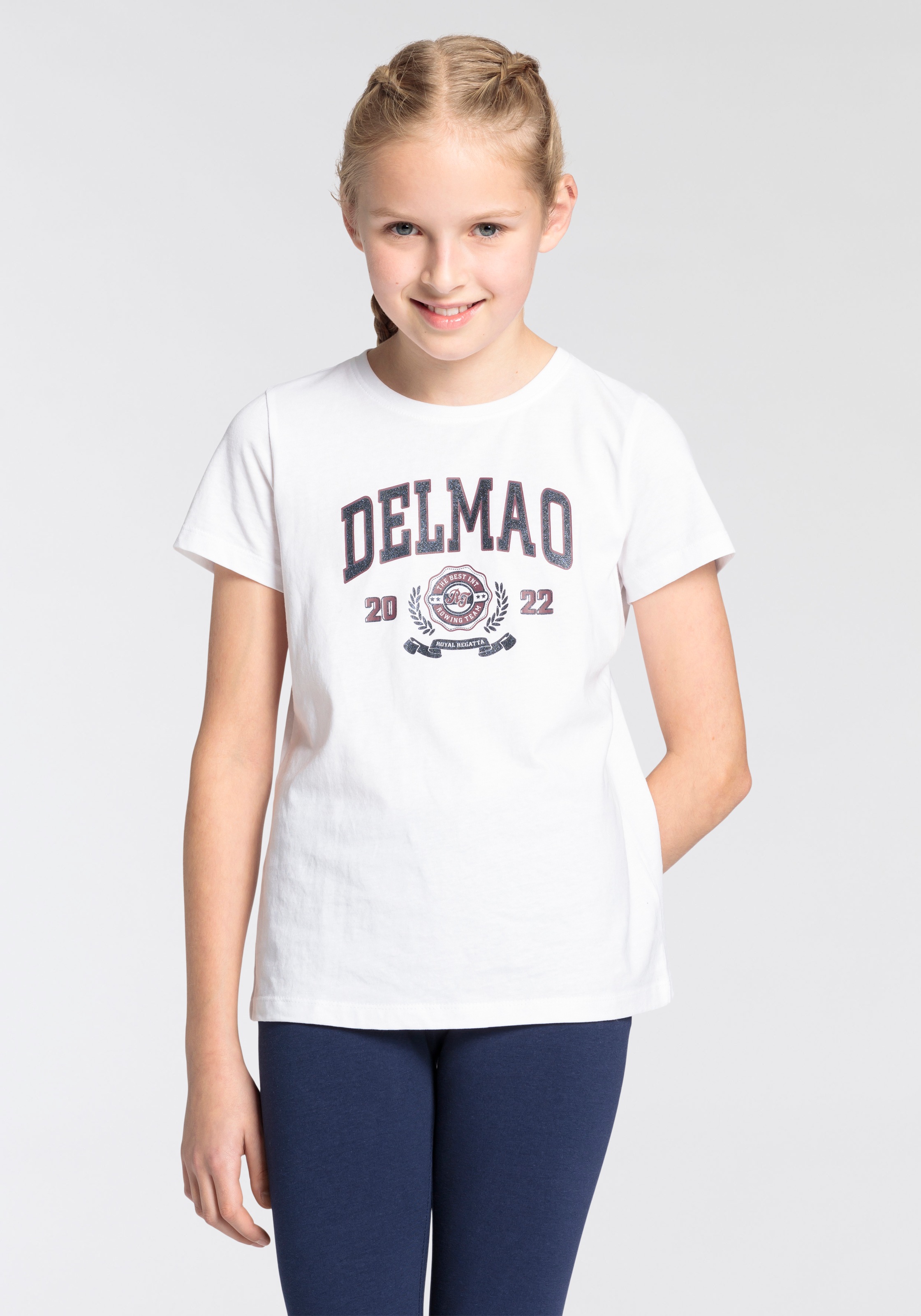 DELMAO T-Shirt »für | großem BAUR Delmao-Glitzer-Print online mit Mädchen«, kaufen