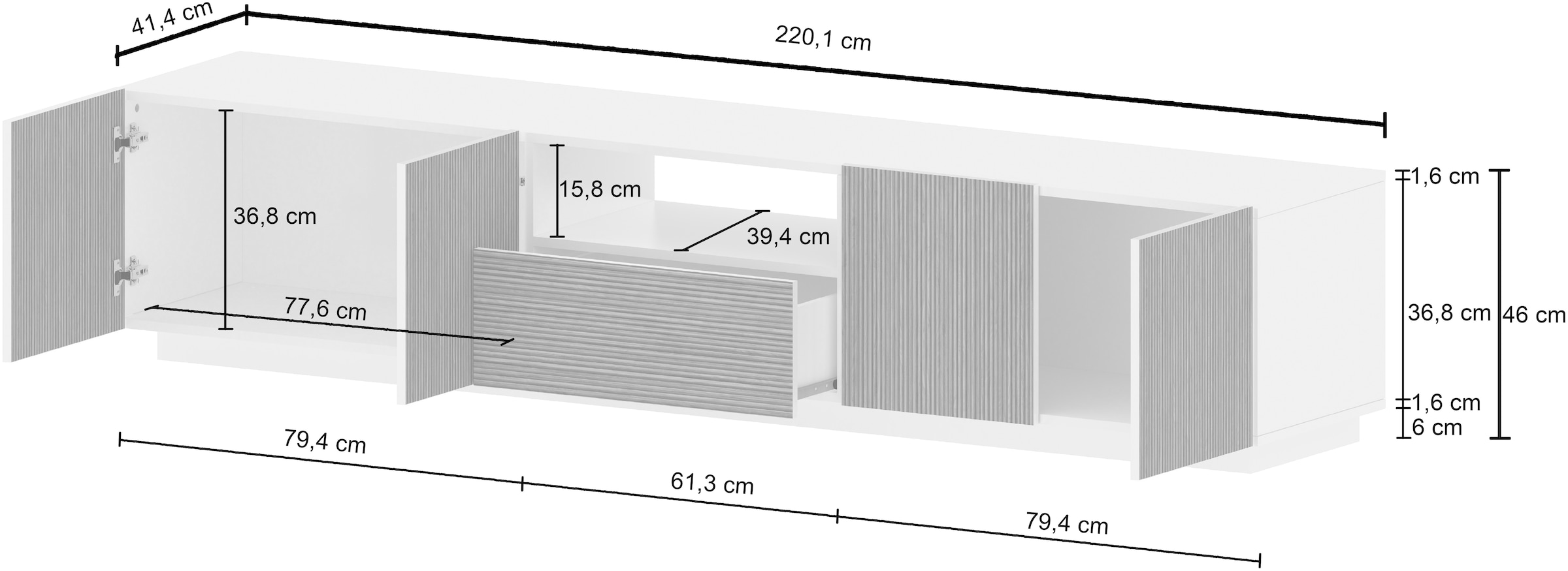 INOSIGN Lowboard »Vega,Lowboard,TV Board,TV Schrank,220 cm«, mit 4 Türen und 1 Schublade,Fronten mit Rillen-Optik