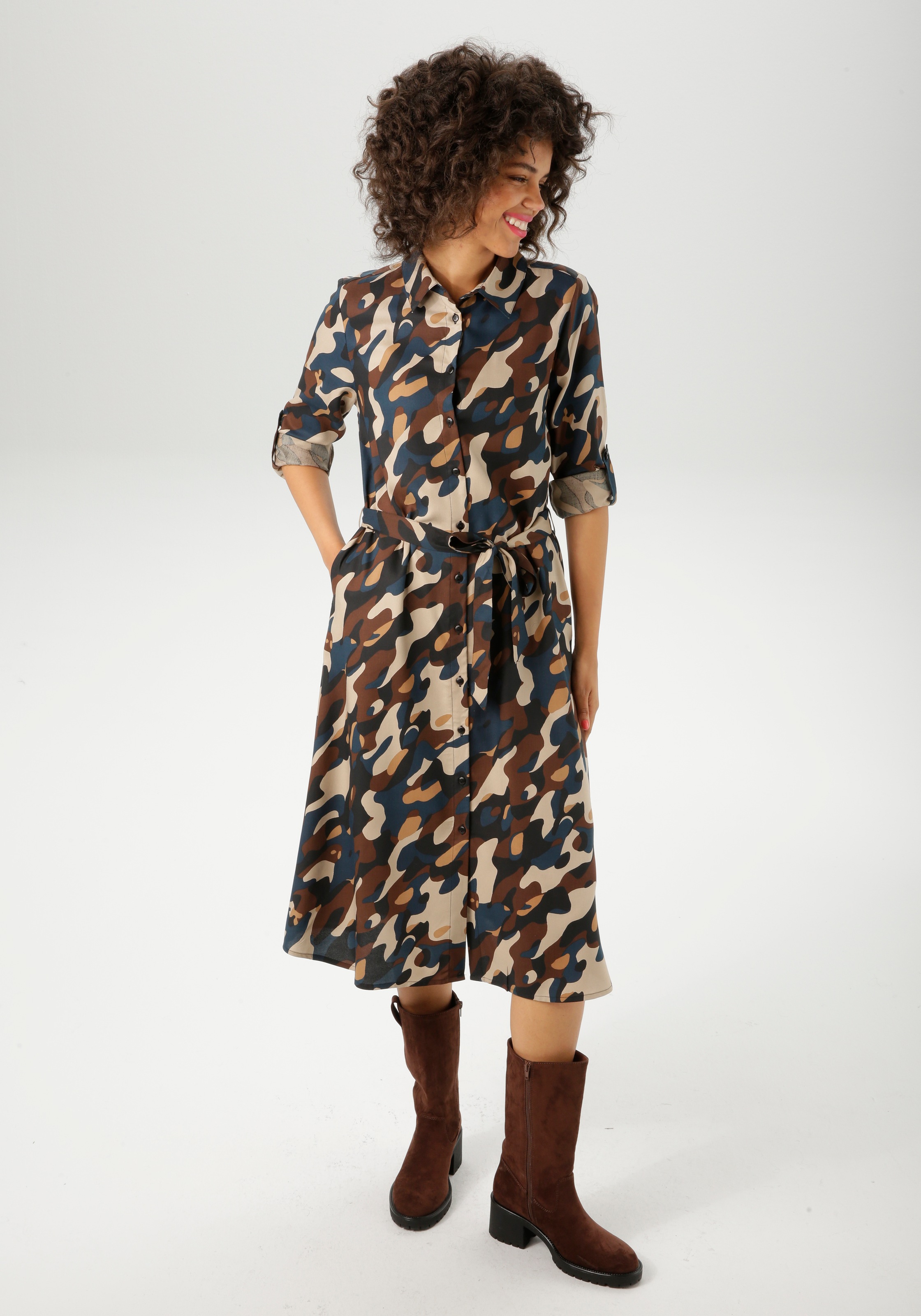 Aniston CASUAL Blusenkleid, (mit abnehmbarem Bindegürtel), mit trendfarbige günstig online kaufen