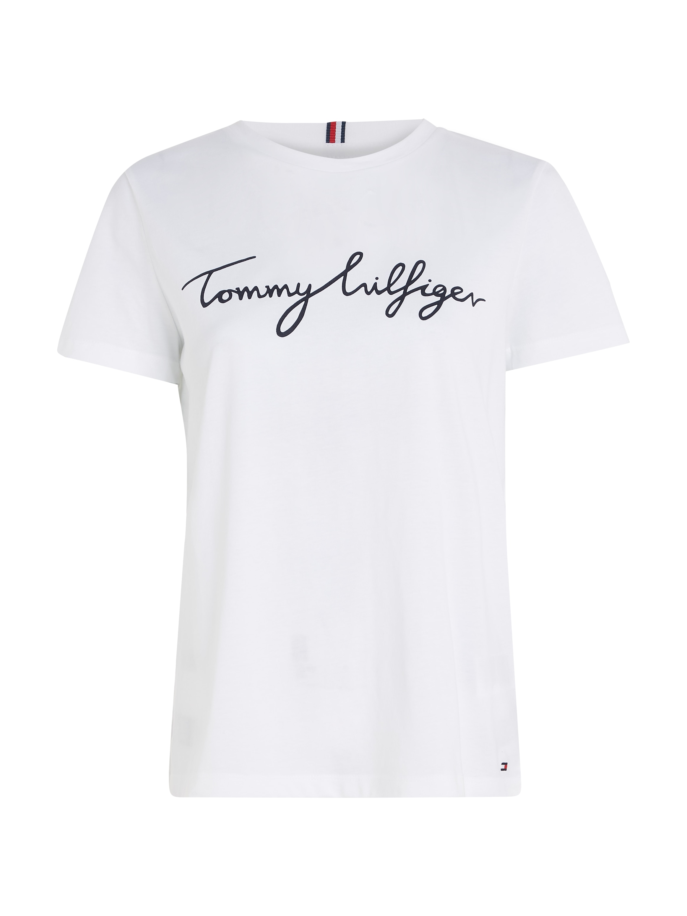 Tommy bestellen T-Shirt für mit CREW | BAUR TEE«, am Script NECK Logo-Schriftzug & Logo-Flag Saum Hilfiger Tommy »HERITAGE Hilfiger GRAPHIC