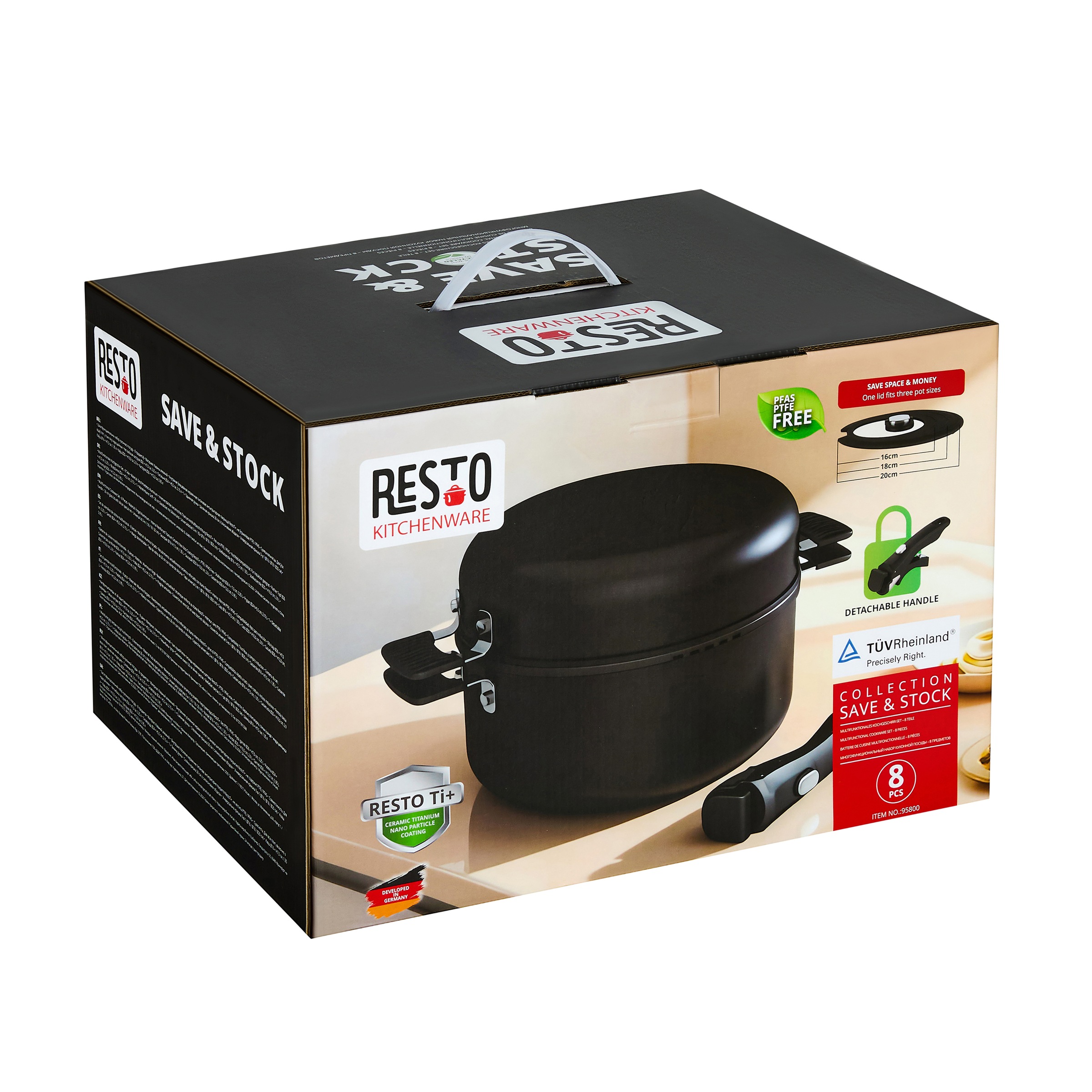 RESTO Kitchenware Topf-Set »SAVE & STOCK Multifunktionales Stapelbares Set im Geschenkkarton« Set, 1x Soßentopf, 2x Kochtopf, 2x Bratpfanne, 1x Griff, 2x Deckel, 8 tlg. Aluminium