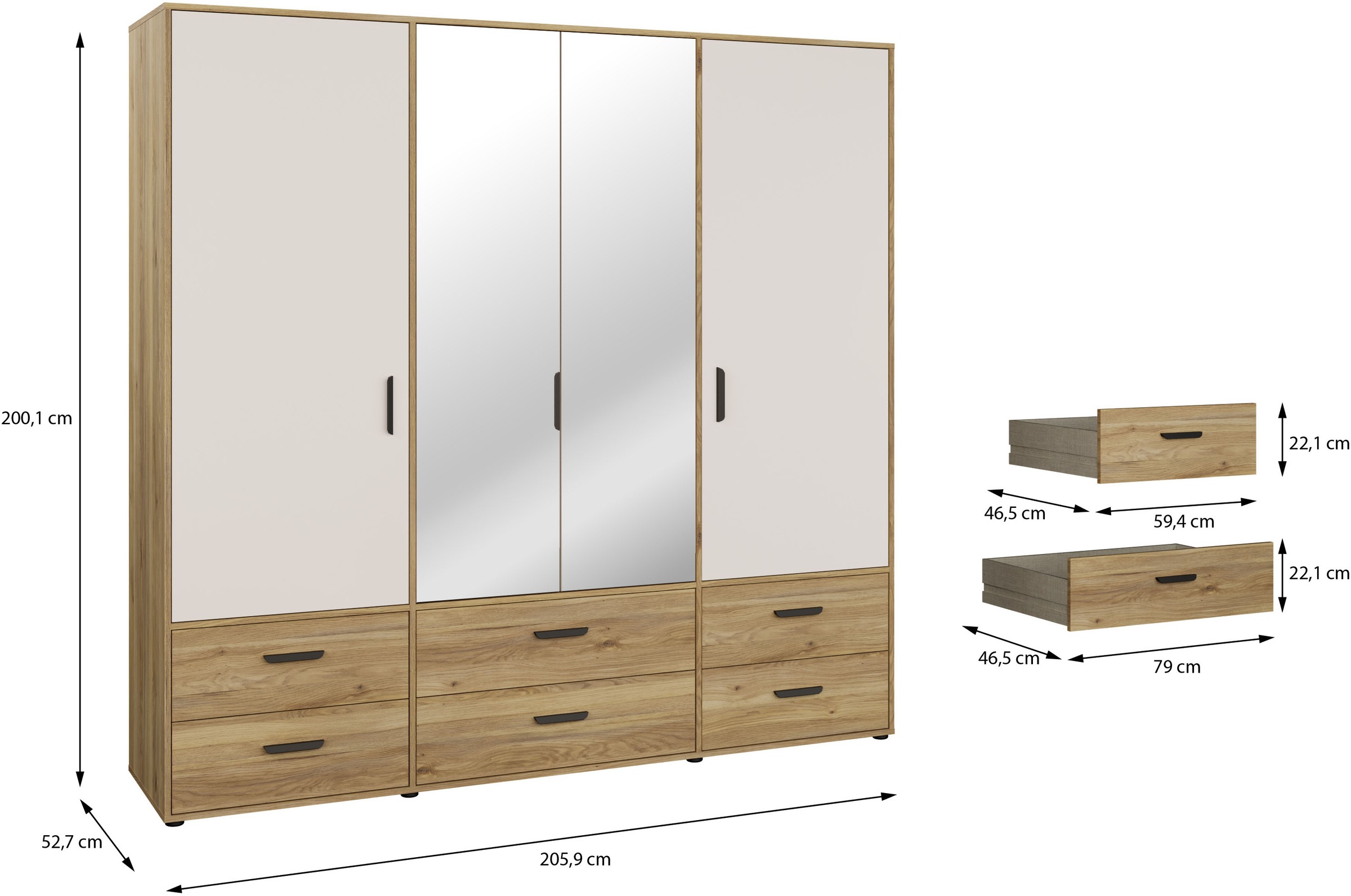 FORTE Drehtürenschrank »Schrank mit Spiegel, zeitloses Design, 4türig« viel Stauraum, Schubladen, Spiegeltürenm Höhe 200 cm