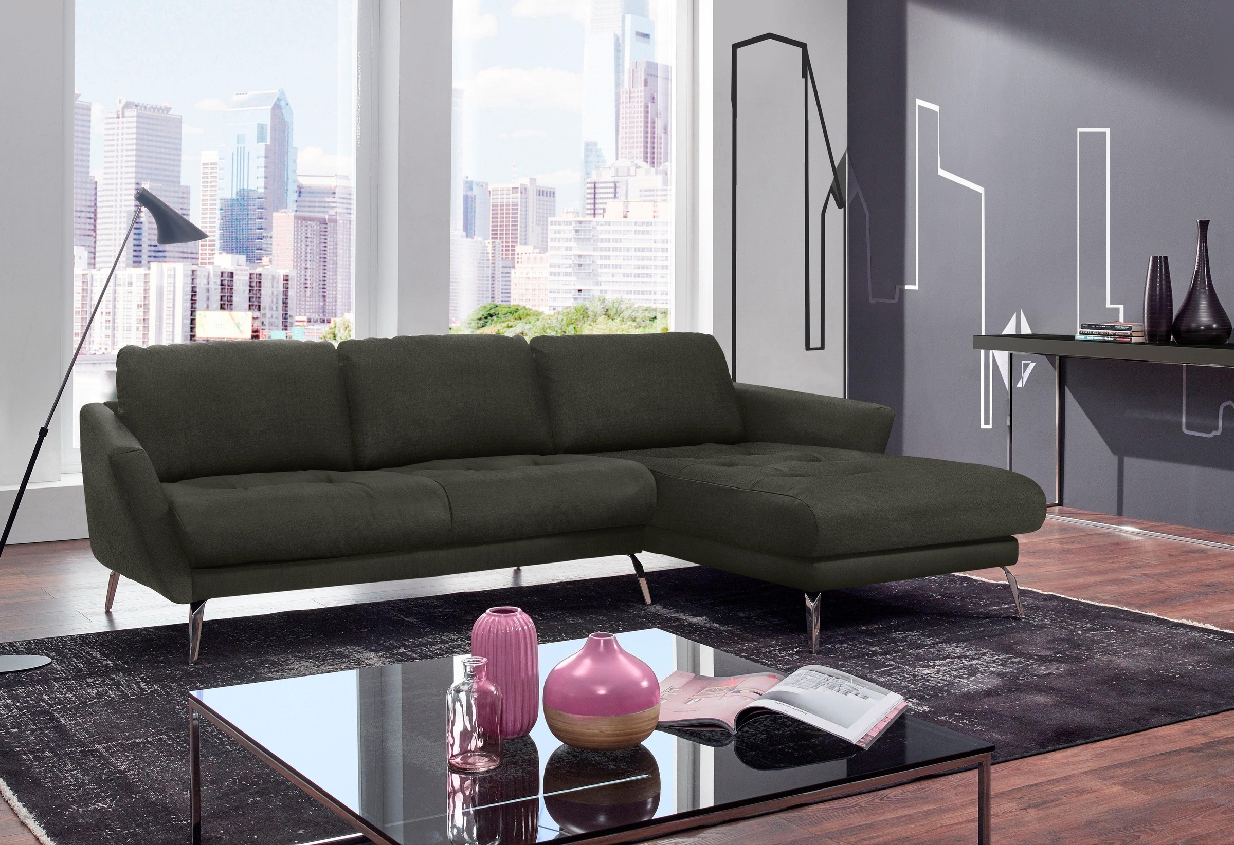 W.SCHILLIG Ecksofa »softy, Designsofa, zeitlos und elegant, hoher Sitzkomfort, L-Form«, mit dekorativer Heftung im Sitz, Füße Chrom glänzend