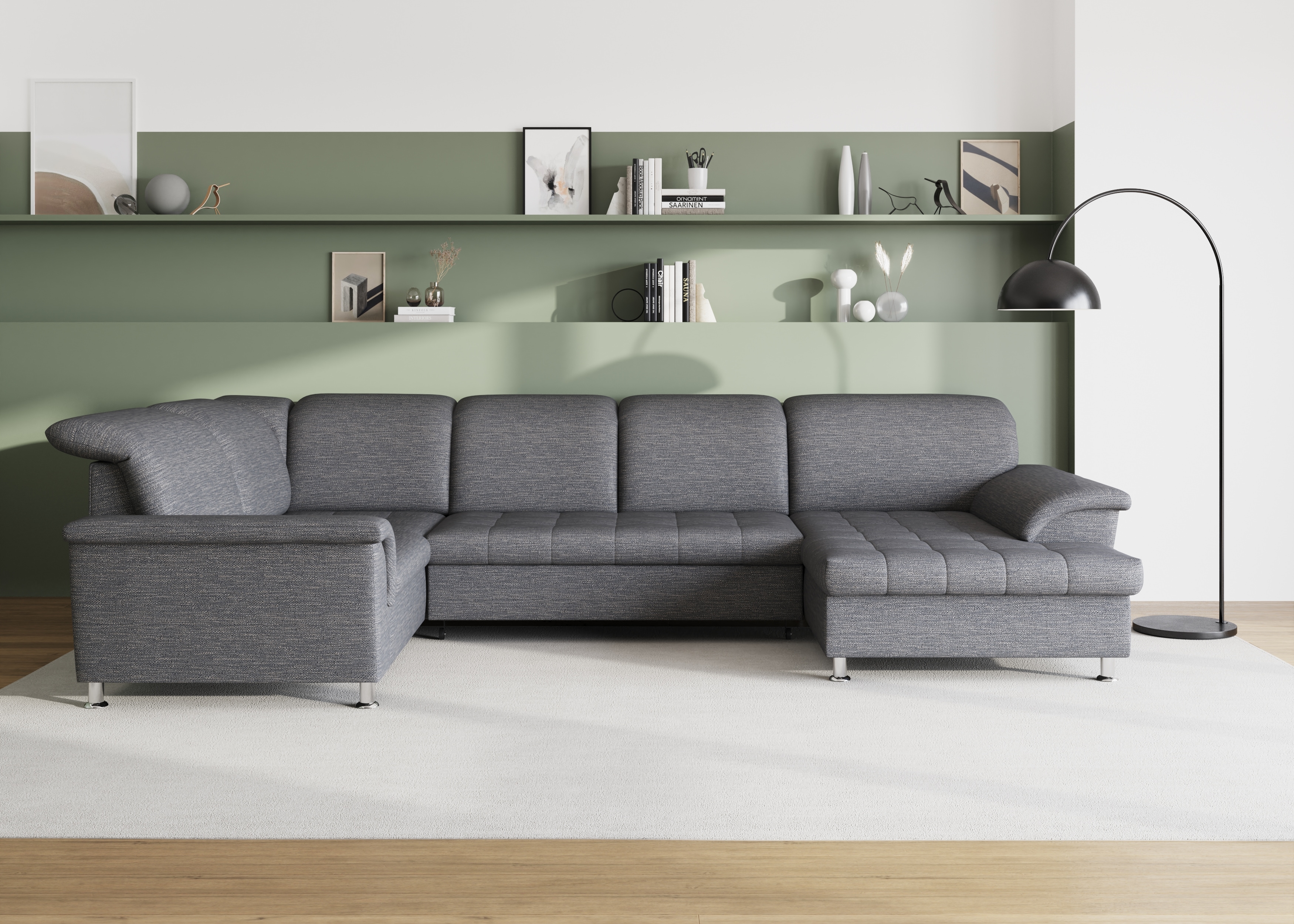 DOMO collection Wohnlandschaft "FRANZI optional mit Bettfunktion, Bettkasten & Kopfteilverstellung" U-Form, Recamiere rechts, weiß-grau, B/T: 352/214 cm