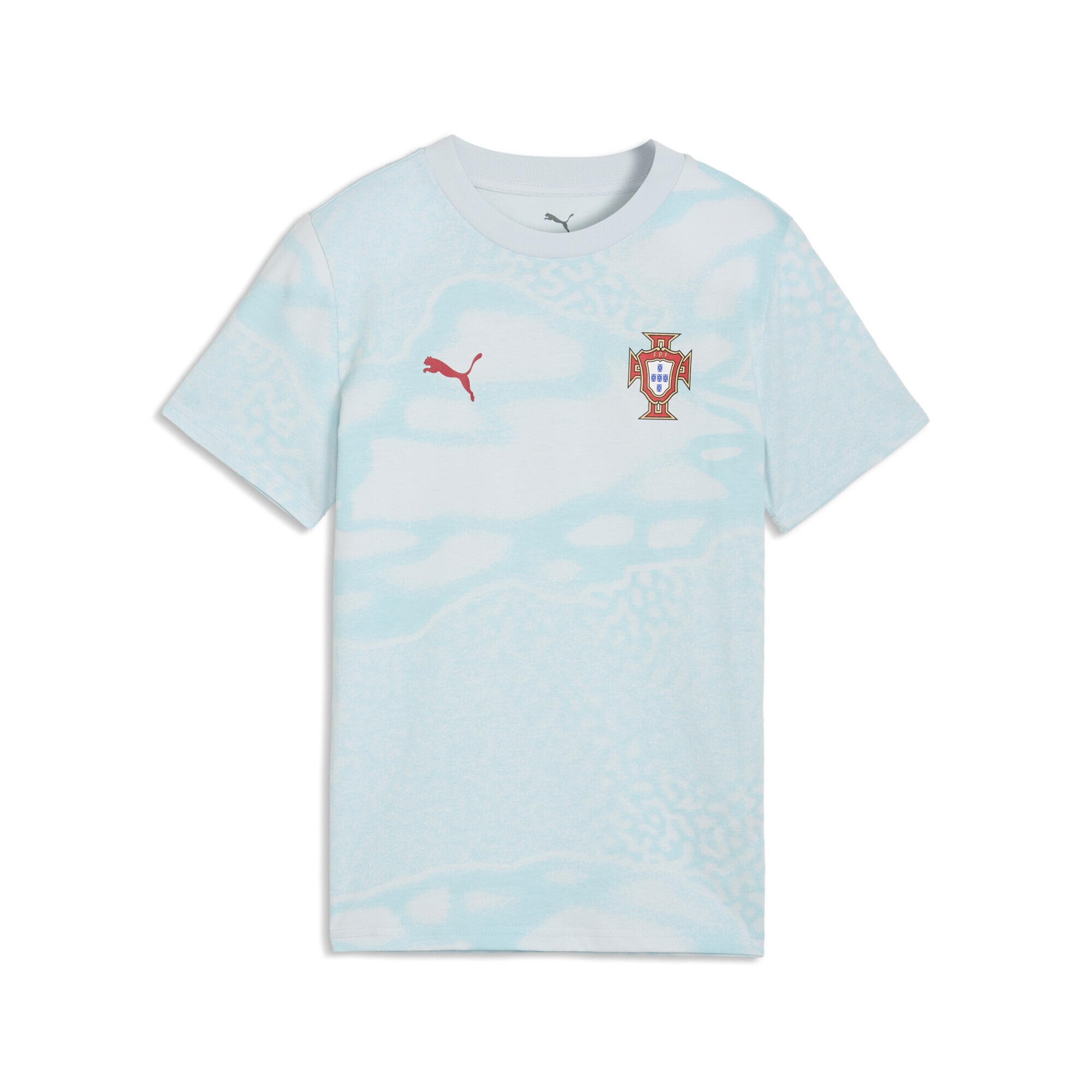 T-Shirt PUMA "Portugal ftblCulture T-Shirt mit Print Jungen", Jungen, Gr. 140, sea glass club rot blau, Obermaterial: 100% Baumwolle; Rippe: 25% Polyester, 75% Baumwolle, clean, regular fit, Rundhals, Shirts T-Shirt