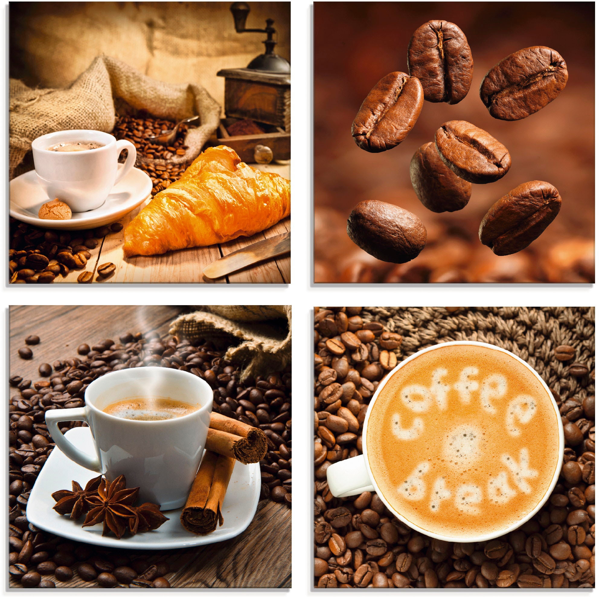 Glasbild »Kaffeetasse Croissant Kaffeebohnen«, Getränke, (4 St.), in verschiedenen Größen